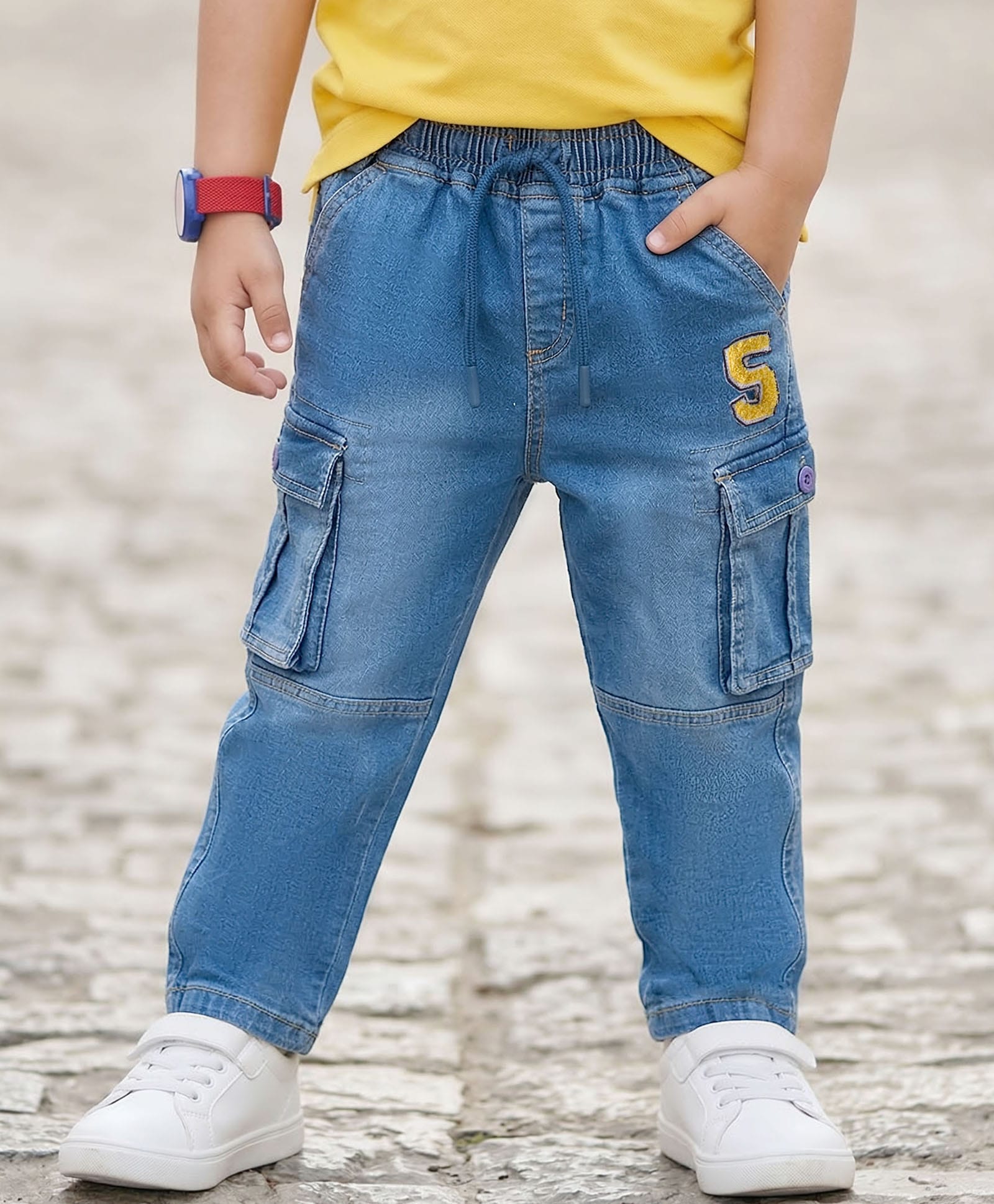 Babyhug Denim Full Length Washed Jeans With Stretch & Text Embriodery - Blue-picture-22