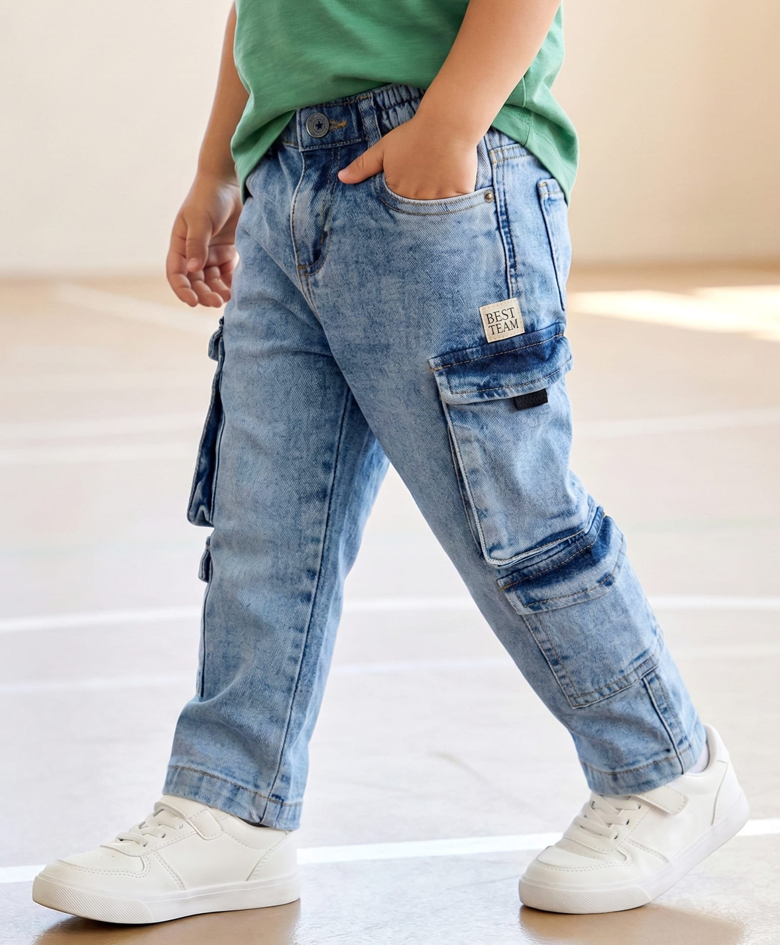 Babyhug Denim Full Length Washed Jeans With Stretch & Cargo Pocket - Blue-picture-16