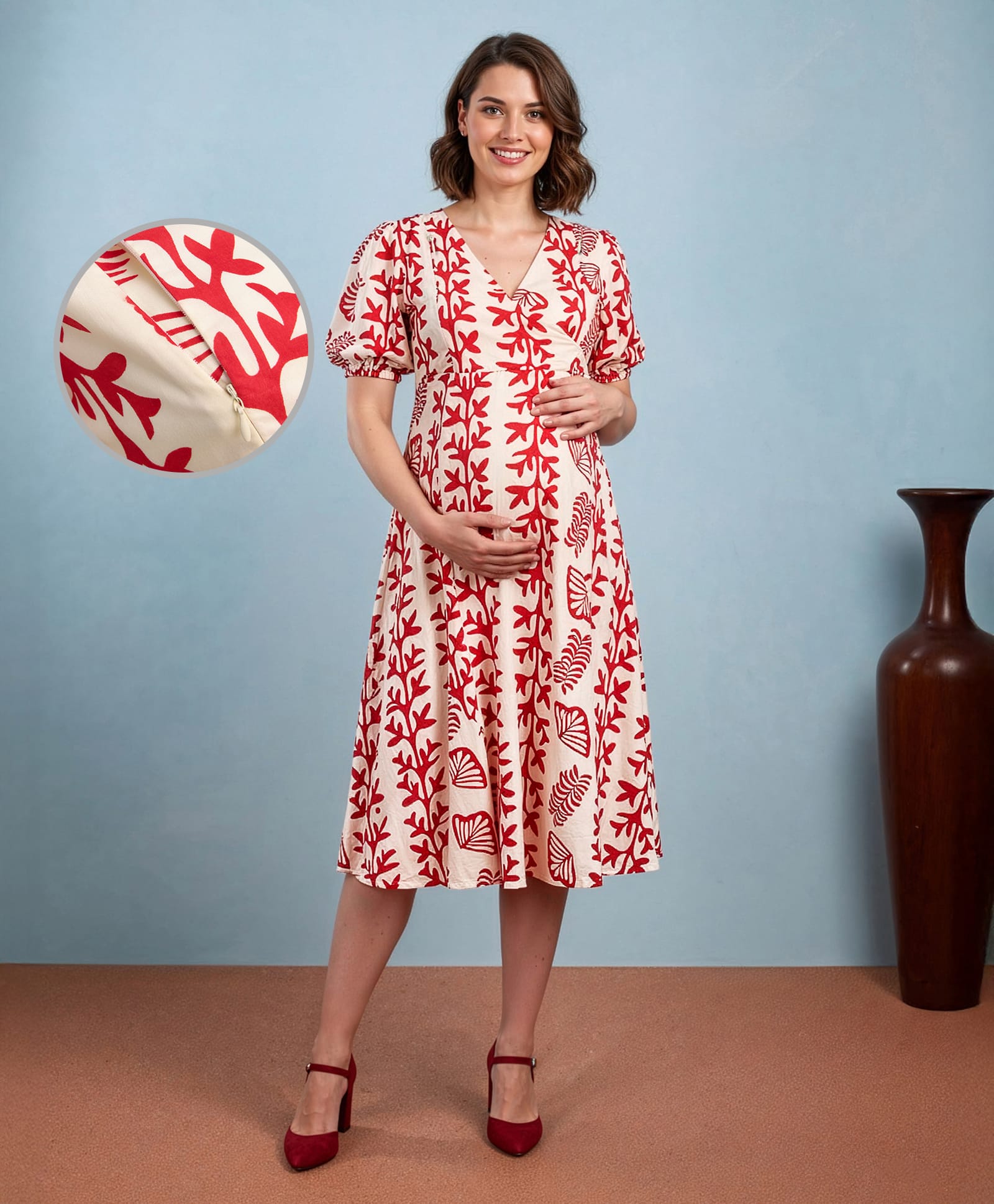 Bella Mama Woven Half Sleeves Maternity Dress With Floral Print - Off White-image-42