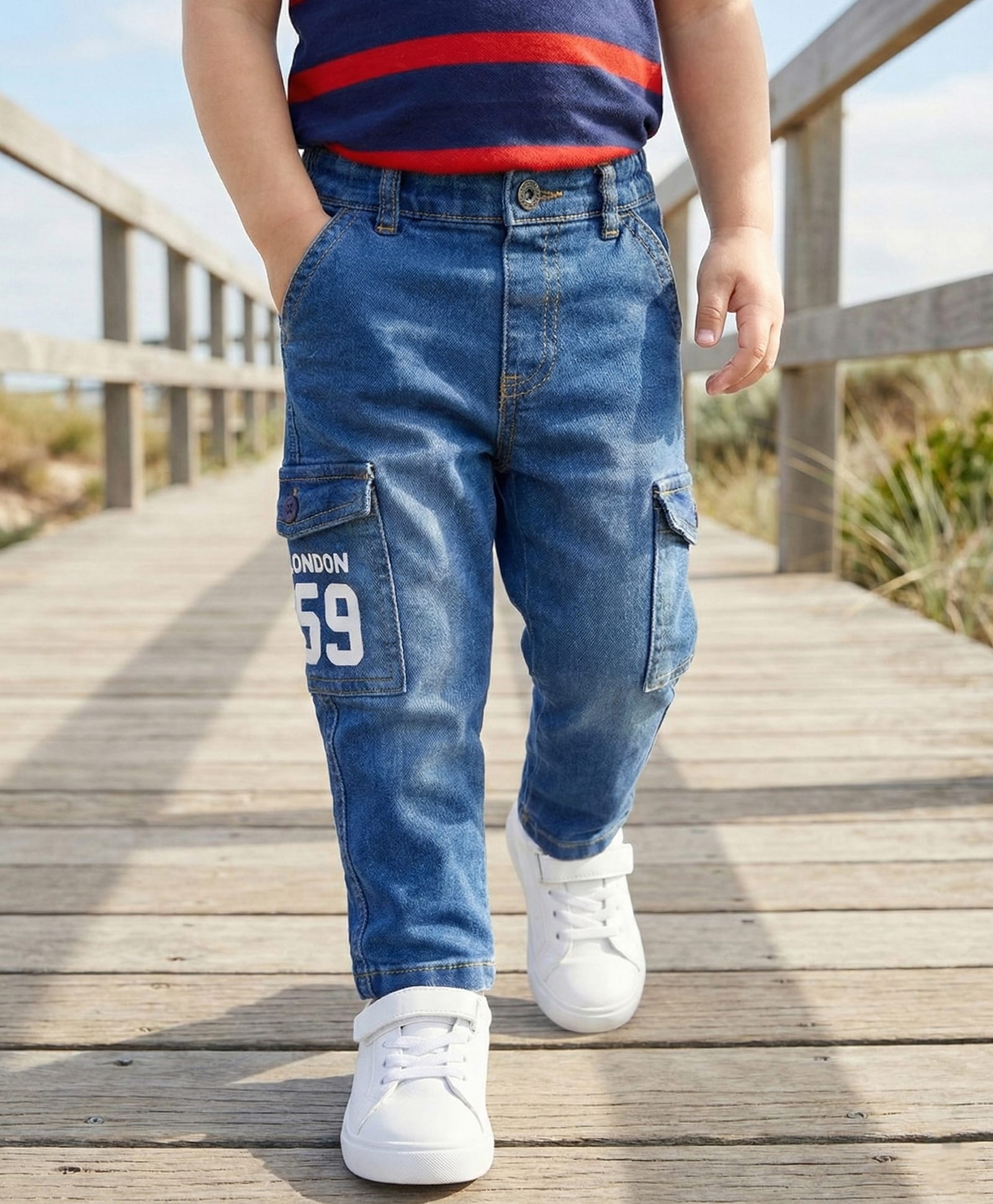 Babyhug Denim Full Length Washed Jeans With Stretch - Blue