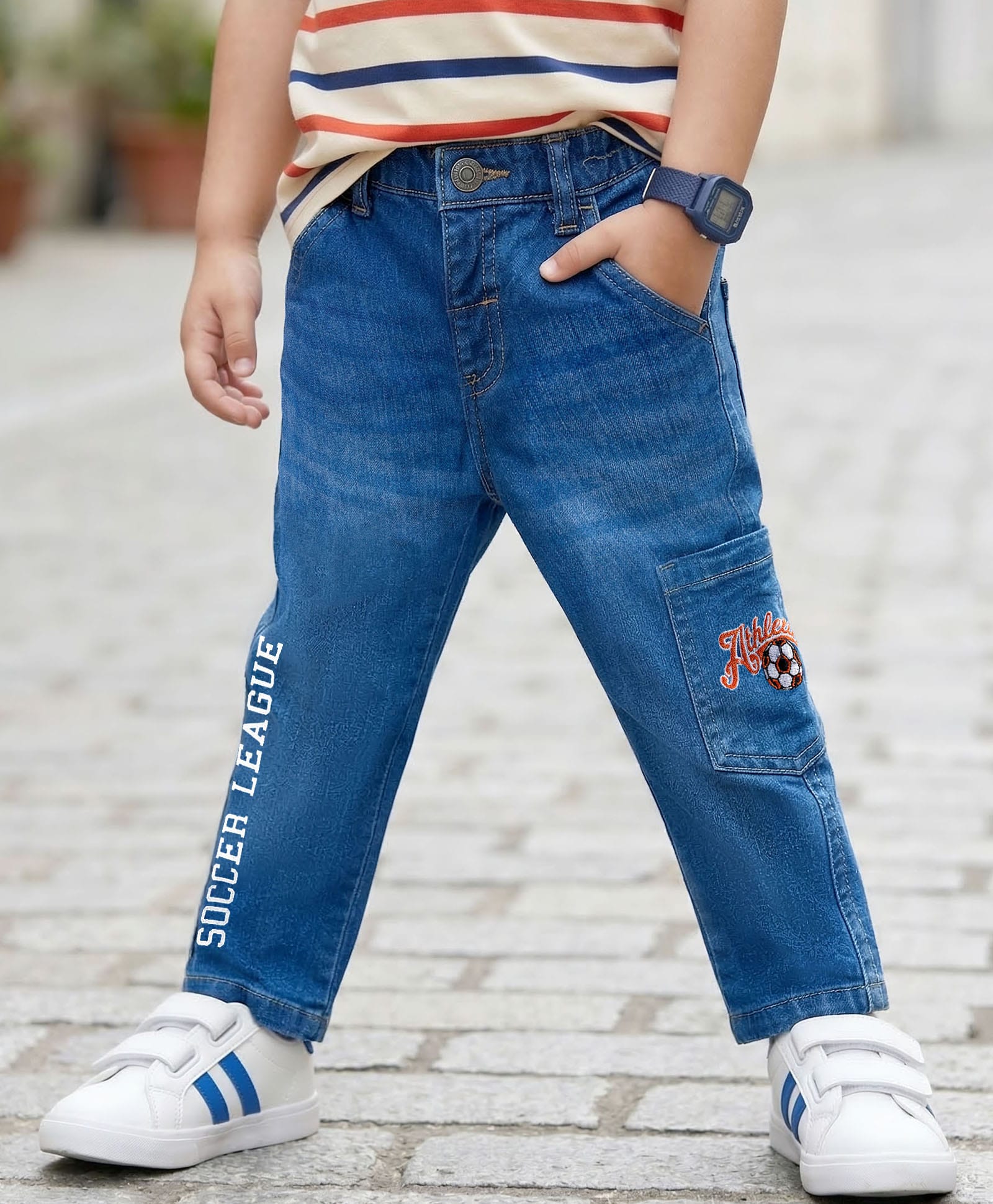 Babyhug Denim Full Length Washed Jeans With Strech & Text Print - Navy Blue-picture-10