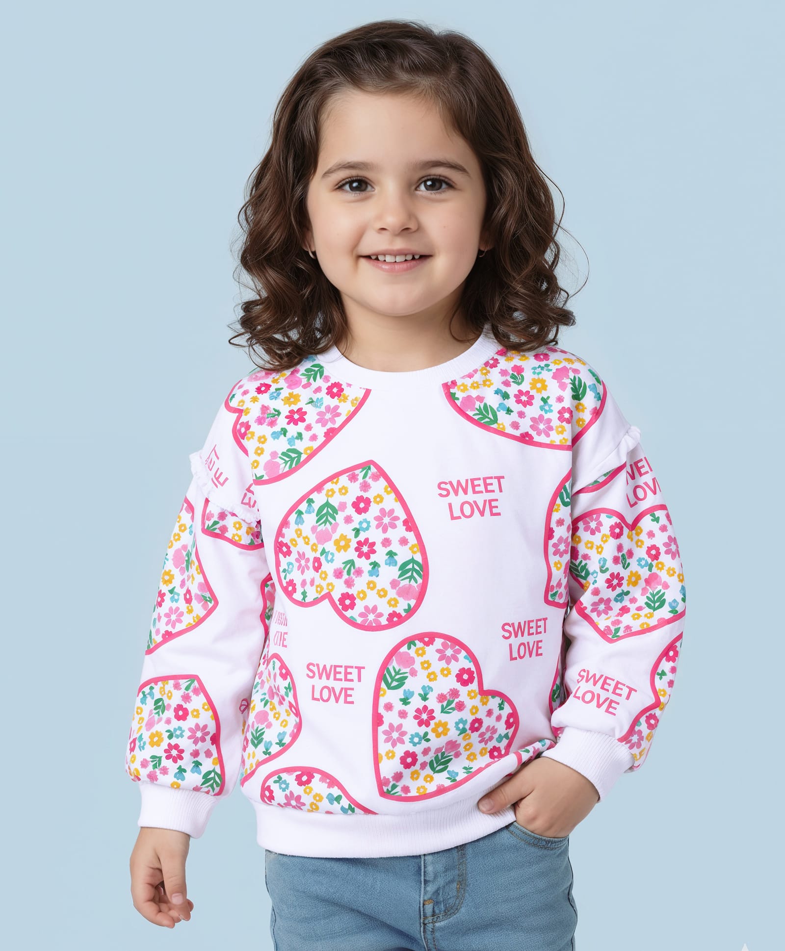 Babyhug Cotton Knit Full Sleeves Sweatshirt With Heart & Floral Print - White