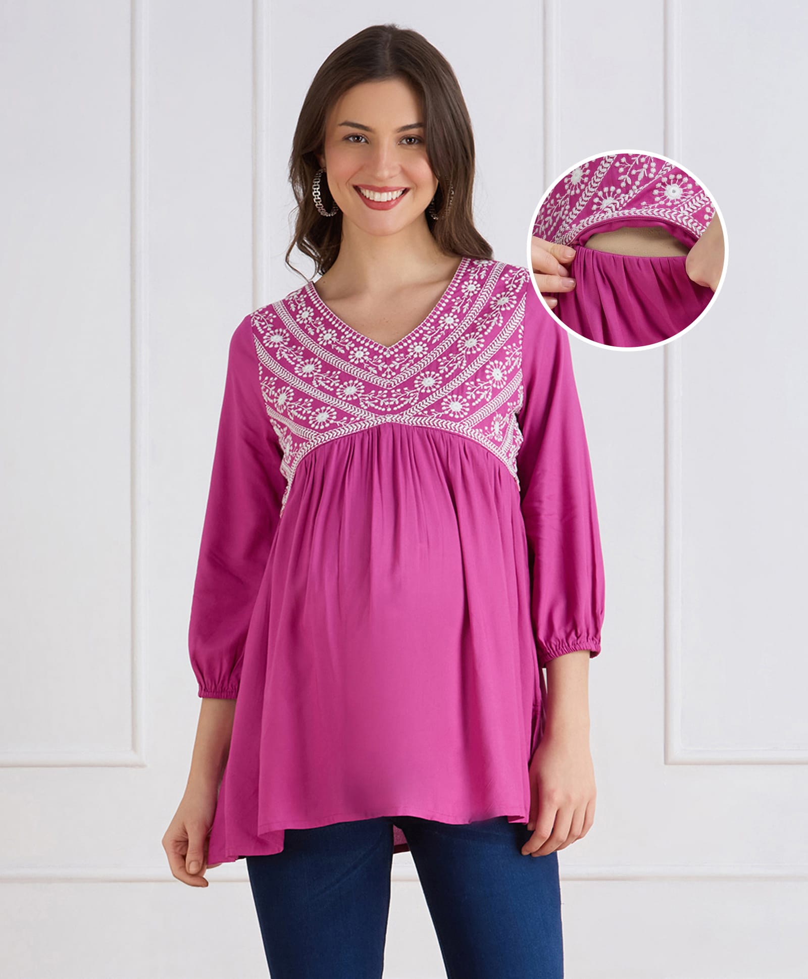 Bella Mama Viscose Woven Three Fourth Sleeves Embroidered Yoke Maternity Top - Dark Pink