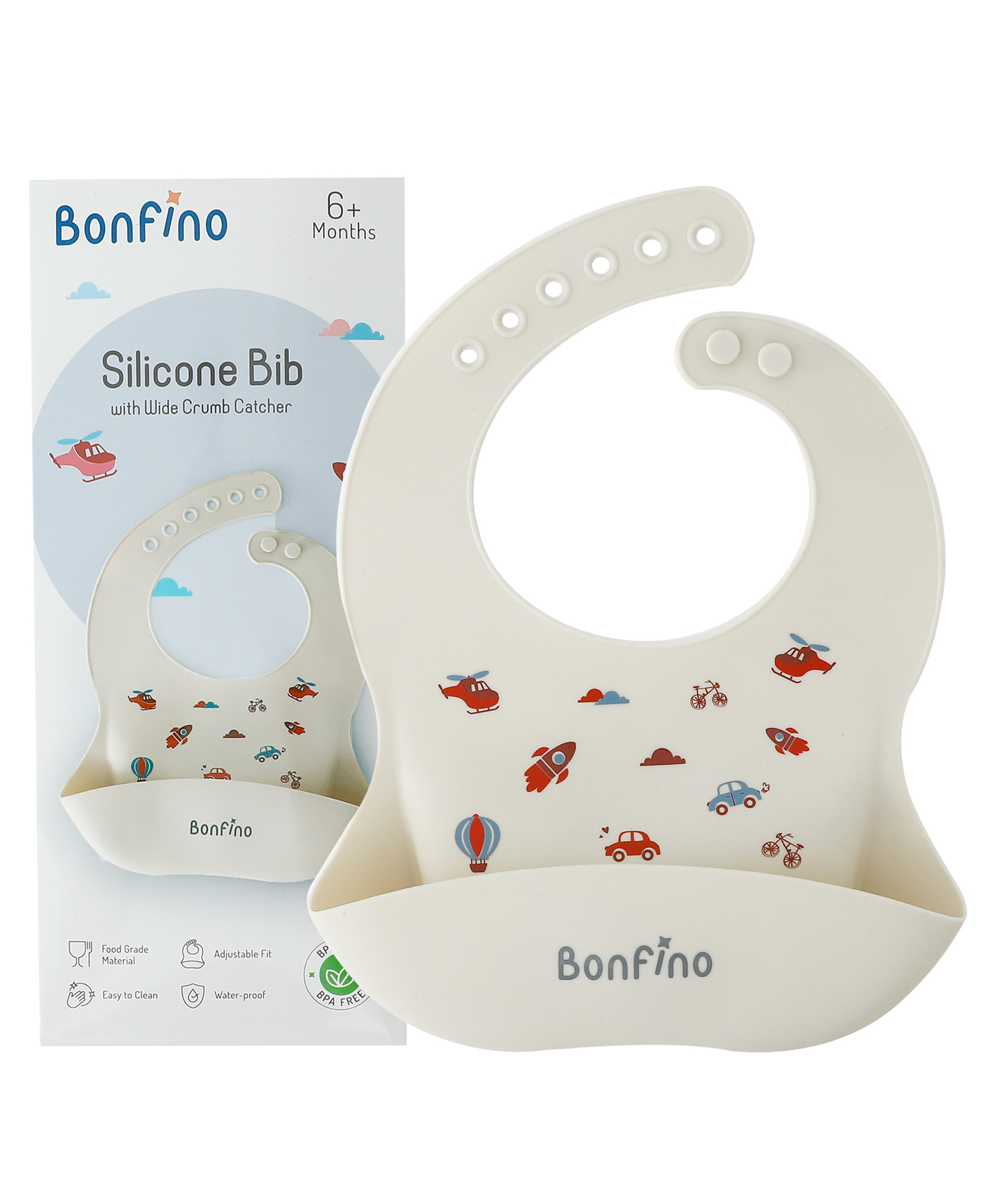 Bonfino Silicone Bib with Wide Crumb Catcher - Beige| Food-Grade| BPA-Free| 5-Gear Neck Adjustment| Easy to Clean| Toddler Feeding Essential| Roll-able Travel-Friendly| for 6+ Months Boys & Girls