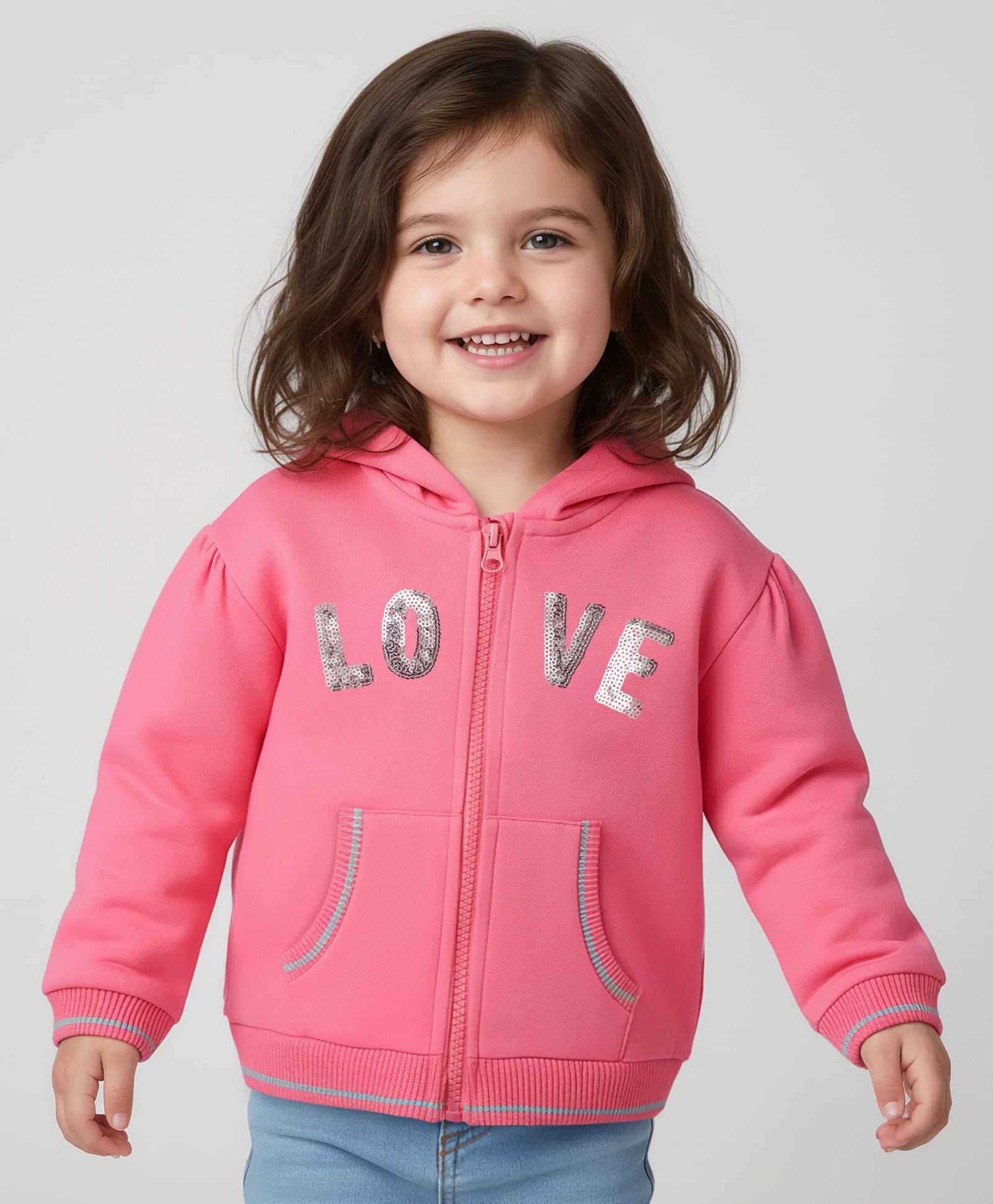 Babyhug Cotton Knit Full Sleeves Hooded Sweatjacket With Sequin Detailing & Kangaroo Pockets - Pink-image-37