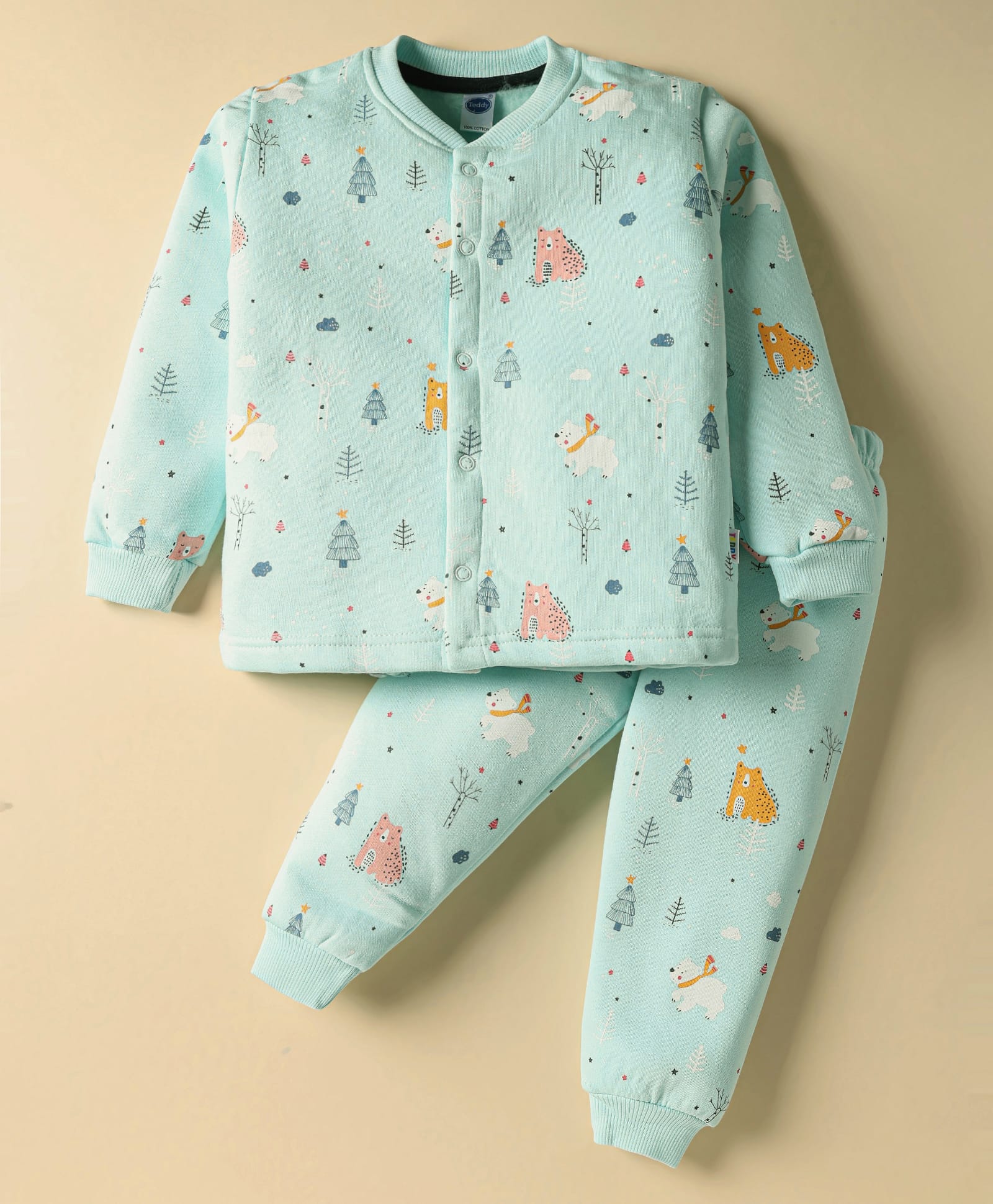 Teddy Fleece Knit Full Sleeves Co-ords Winter Night Suit with Bear Print - Sea Green-picture-25