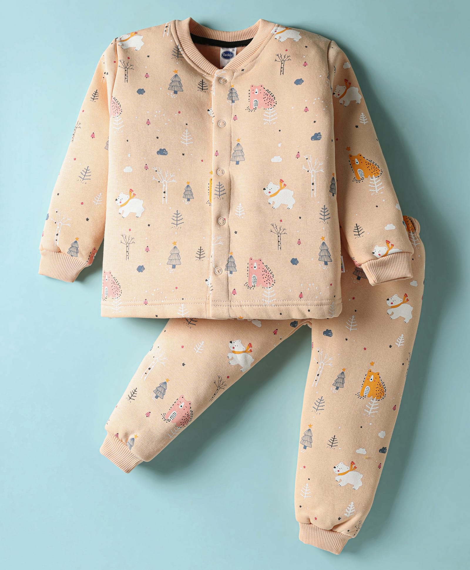 Teddy Fleece Knit Full Sleeves Co-ords Winter Night Suit with Bear Print - Orange