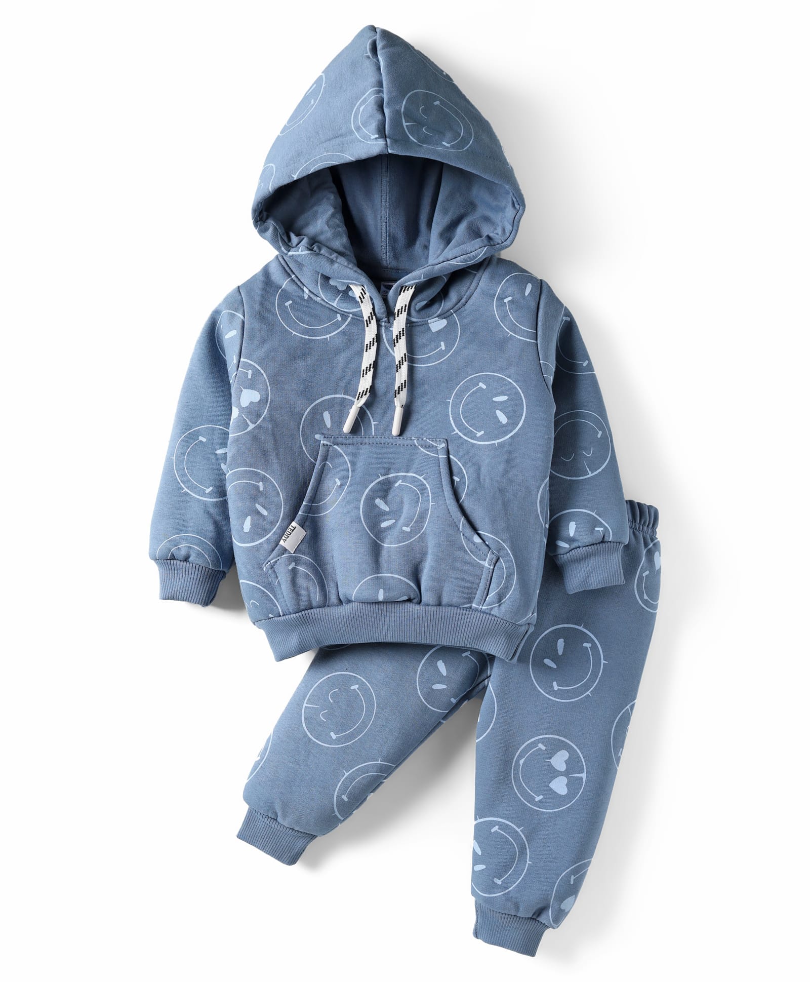 Teddy Fleece Knit Full Sleeves Winter Wear Hooded T-Shirt & Lounge Pant Set With Smiley Print - Navy Blue-picture-20