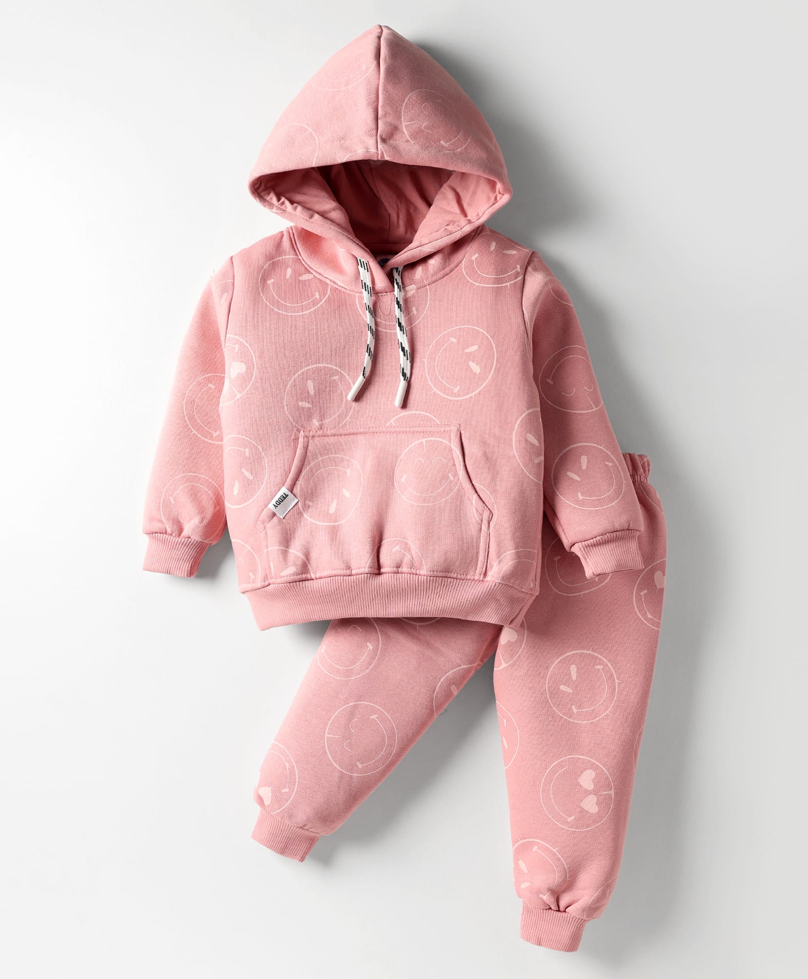 Teddy Fleece Knit Full Sleeves Winter Wear Hooded T-Shirt & Lounge Pant Set With Smiley Print - Pink-picture-6