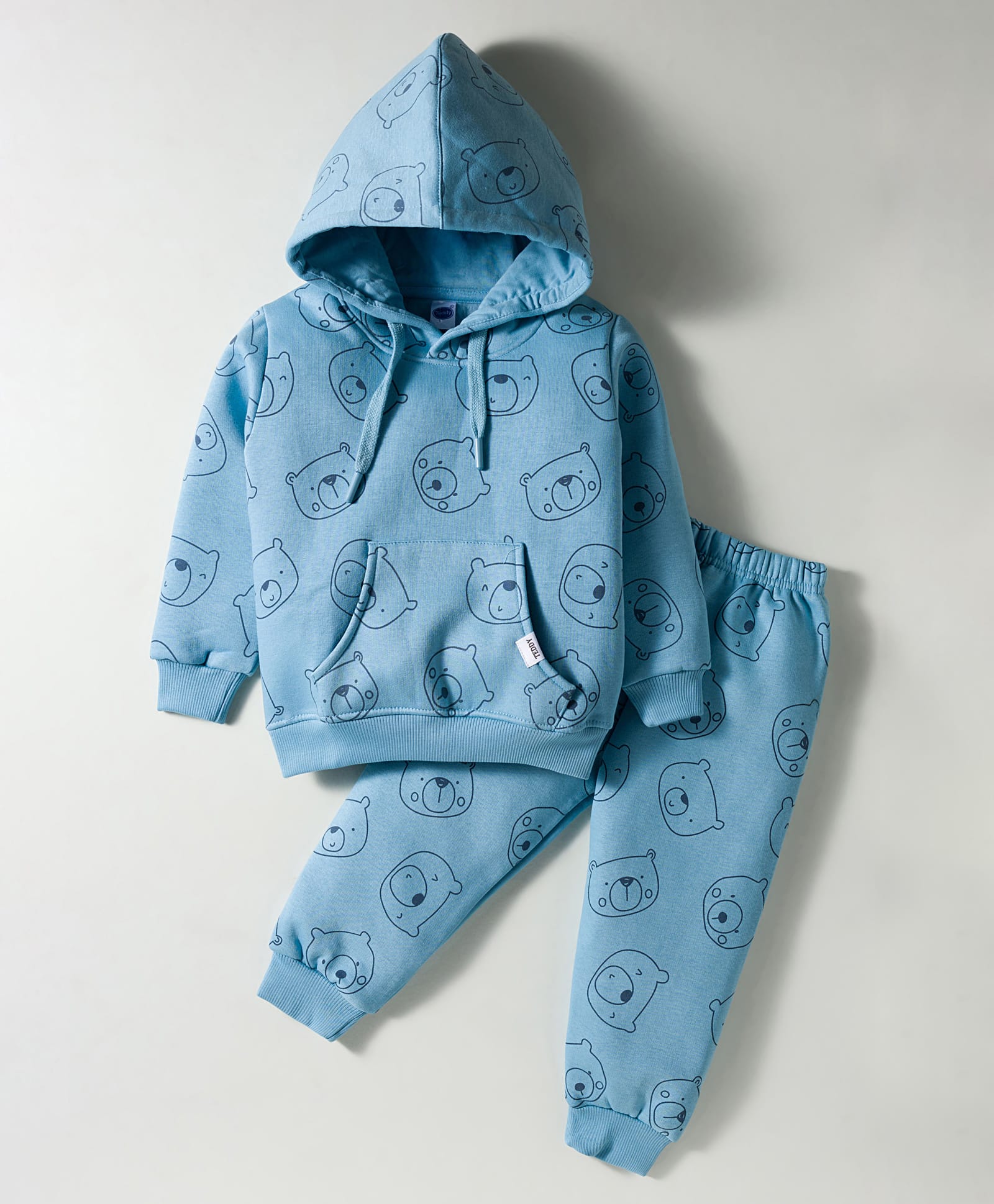 Teddy Fleece Knit Full Sleeves Hooded Winter Wear Suit Set With Kangaroo Pockets & Teddy Print - Light Blue-picture-38