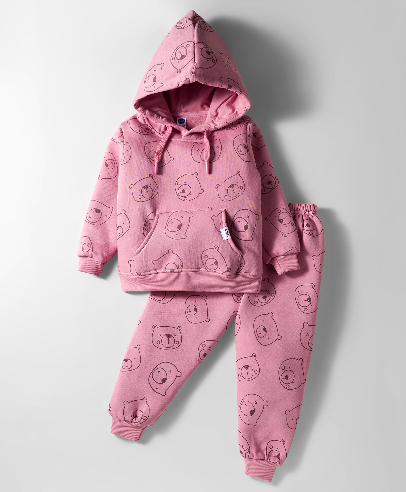 Teddy Fleece Knit Full Sleeves Hooded Winter Wear Suit Set With Kangaroo Pockets & Teddy Print - Pink-image-16