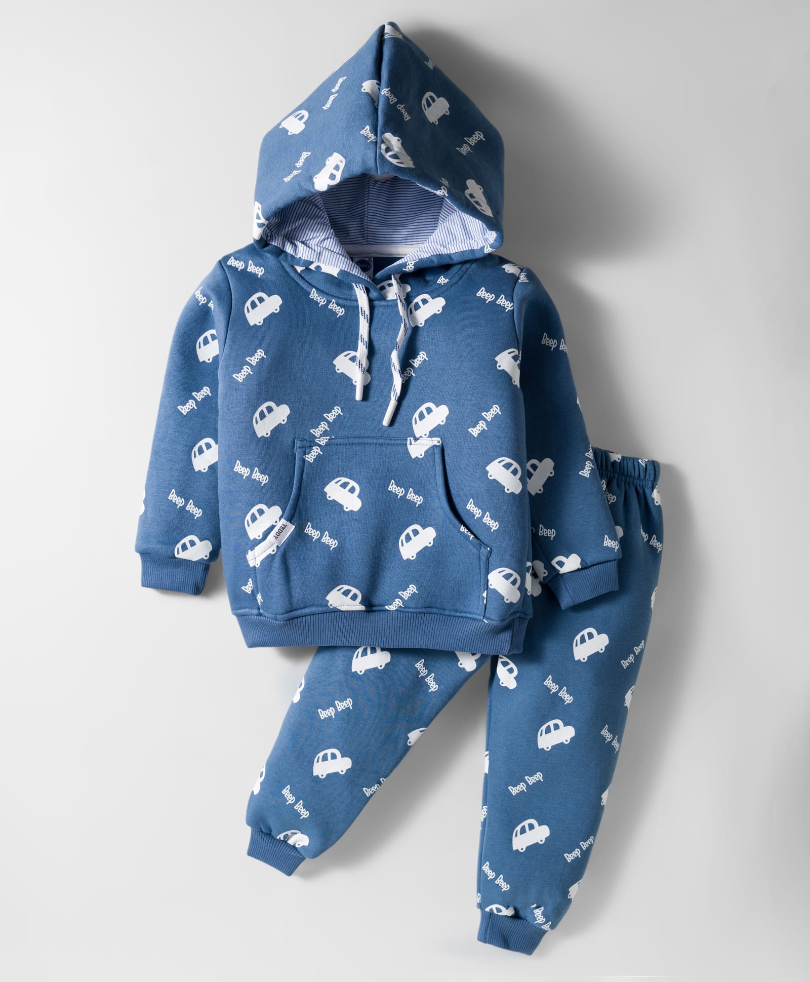 Teddy Fleece Knit Full Sleeves Hooded Winter Wear Suit Set With Kangaroo Pockets & Vehicle Print - Blue-picture-48