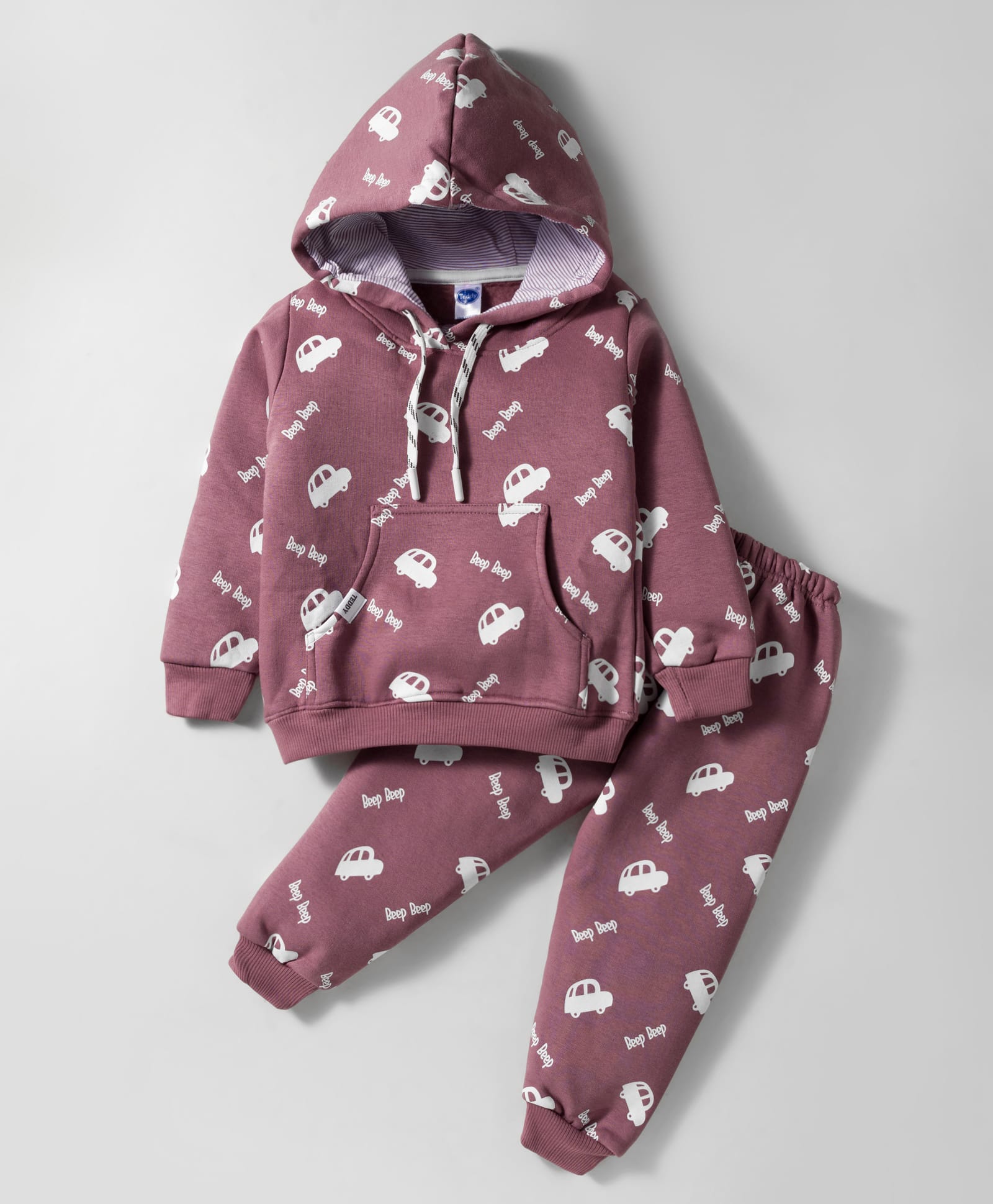 Teddy Fleece Knit Full Sleeves Hooded Winter Wear Suit Set With Kangaroo Pockets & Vehicle Print - Rose Gold-picture-21