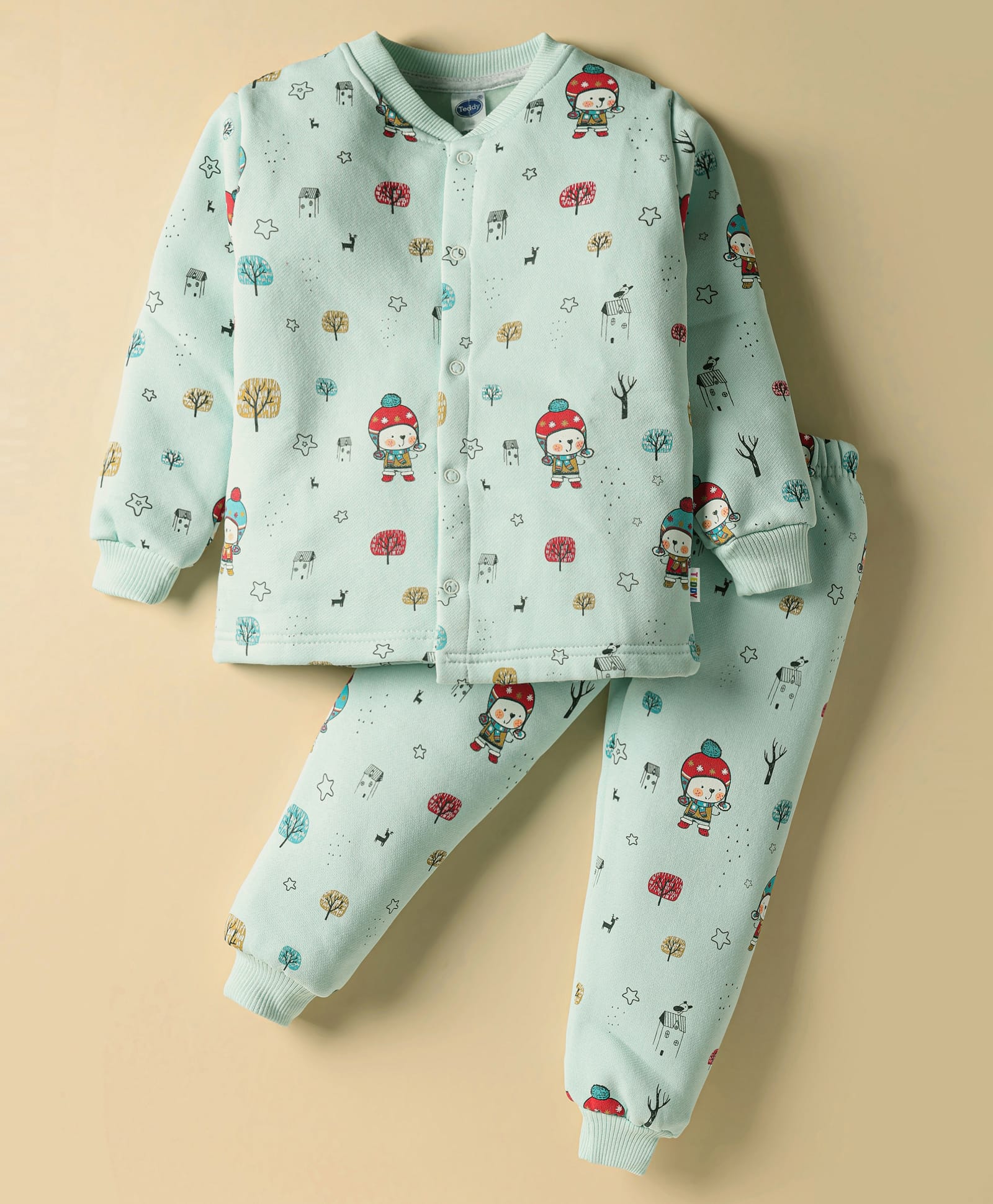 Teddy Fleece Knit Full Sleeves Co-ords Winter Night Suit with Bear Print - Light Blue-picture-9