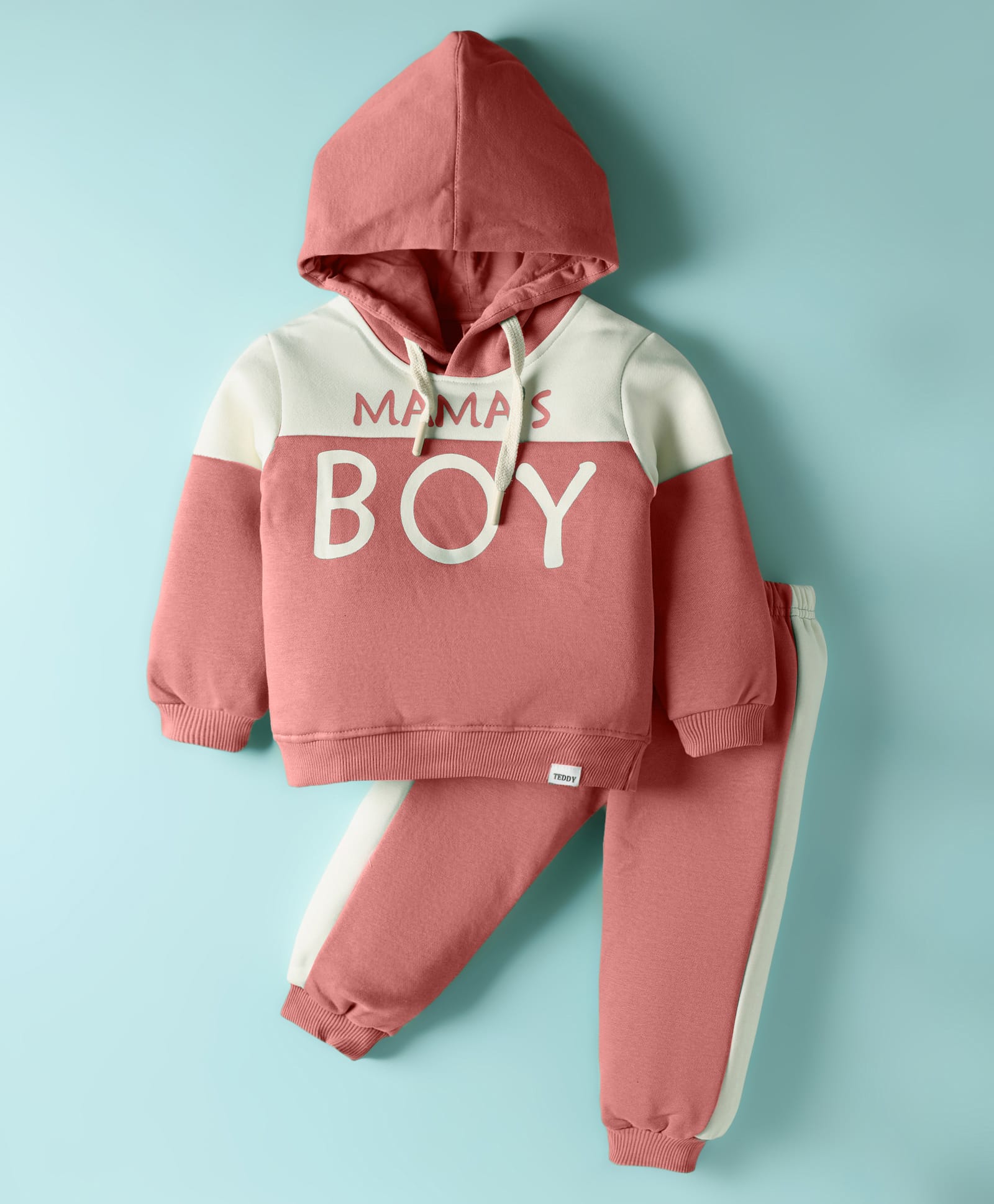 Teddy Fleece Knit Full Sleeves Hooded Winter Wear Suit Set with Mama's Boy Text Print - Rose Gold-picture-22
