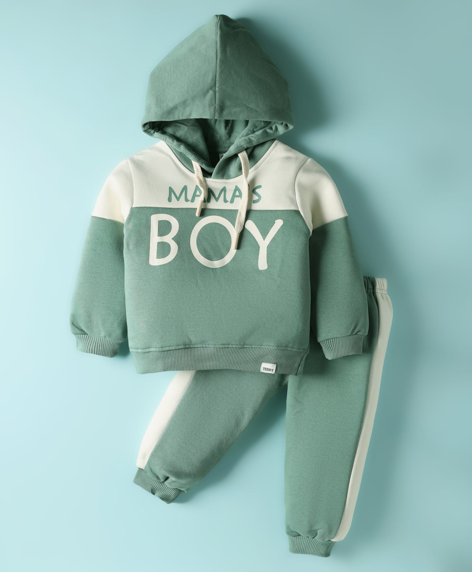 Teddy Fleece Knit Full Sleeves Hooded Winter Wear Suit Set with Mama's Boy Text Print - Mint-image-5