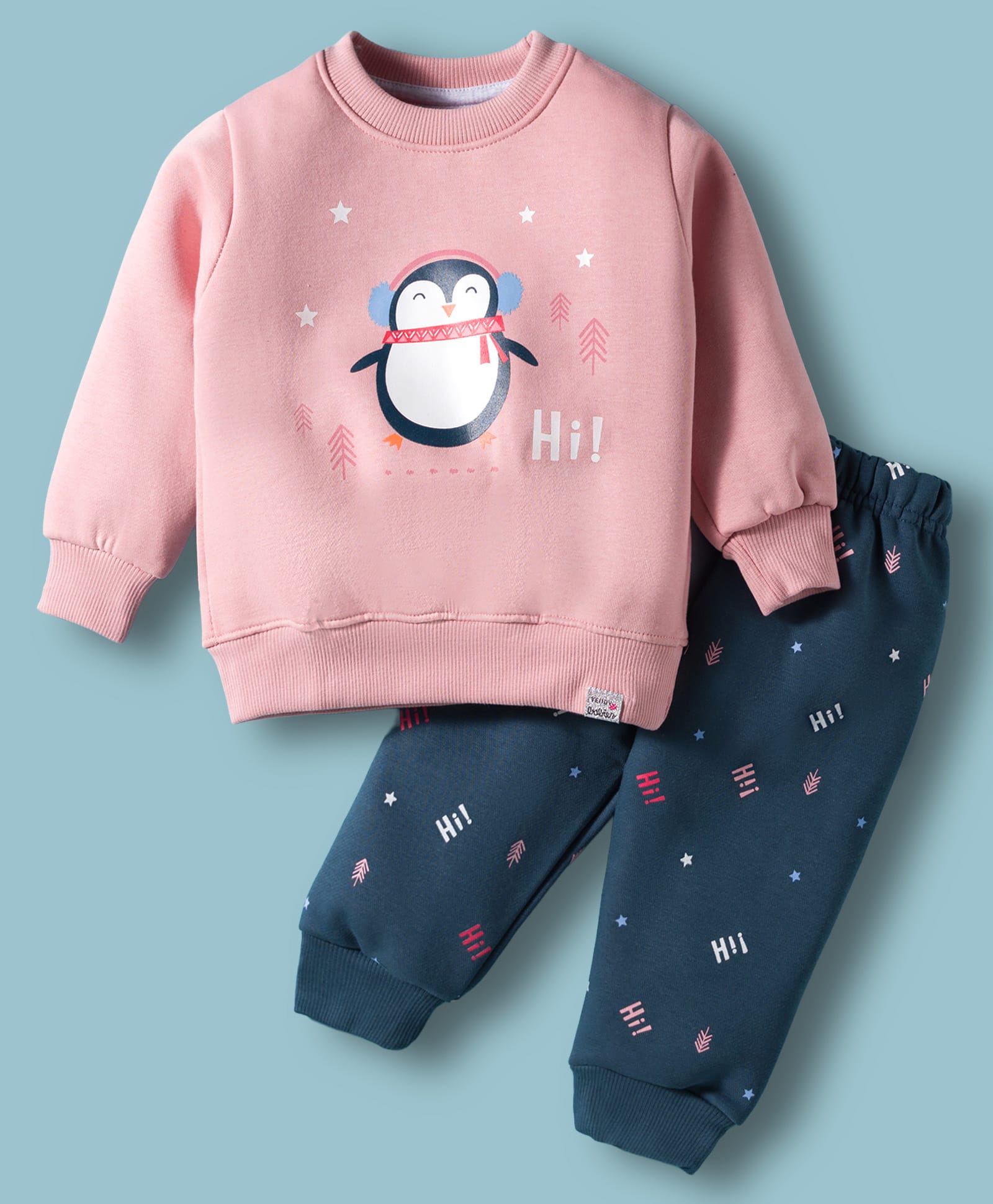 Teddy Fleece Knit Full Sleeves Winter Wear Night Suit With Penguin Print - Pink-picture-47