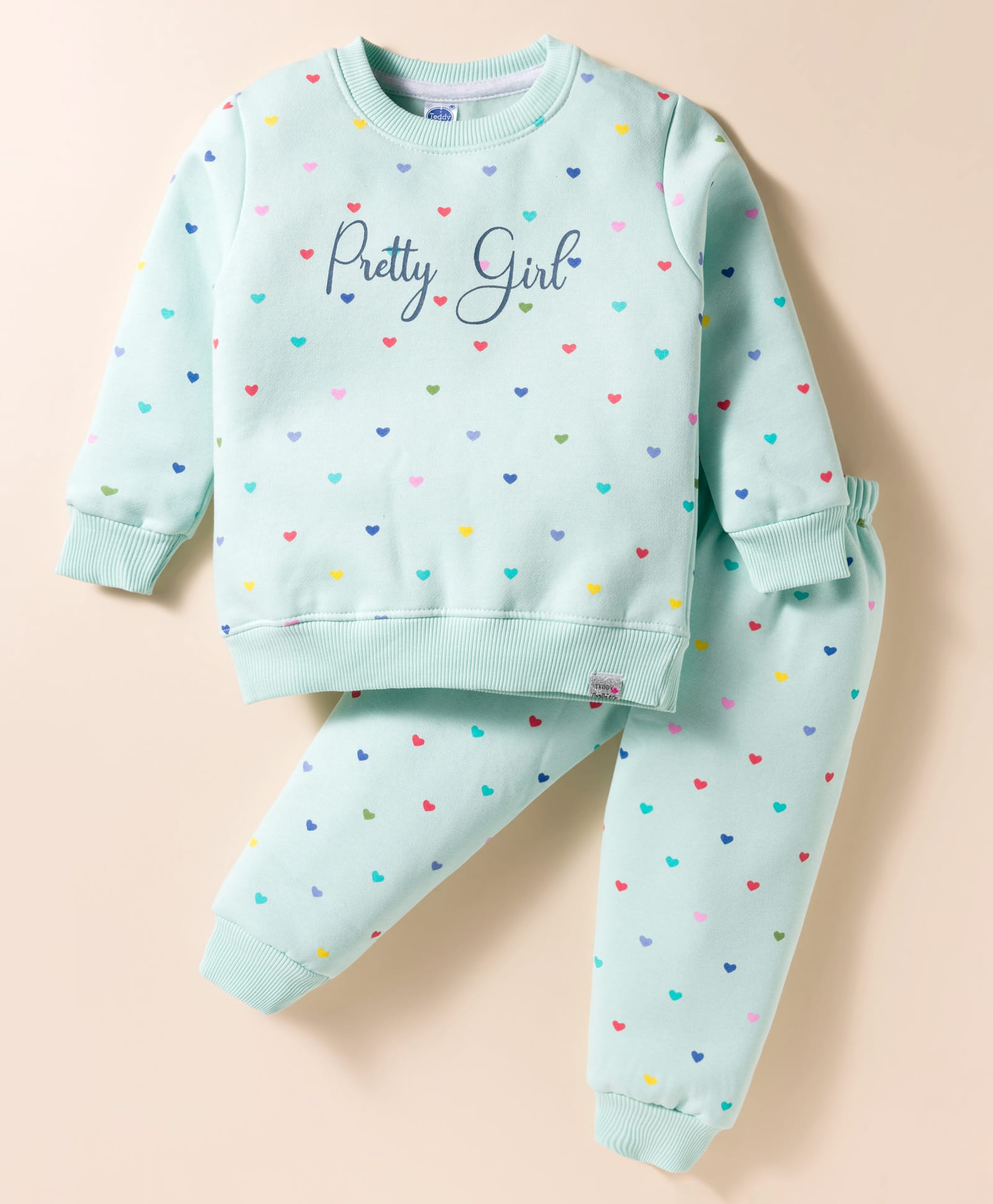 Teddy Sinker Knit Full Sleeves Co-ords Night Suit with Heart & Text Print - Light Green-picture-24
