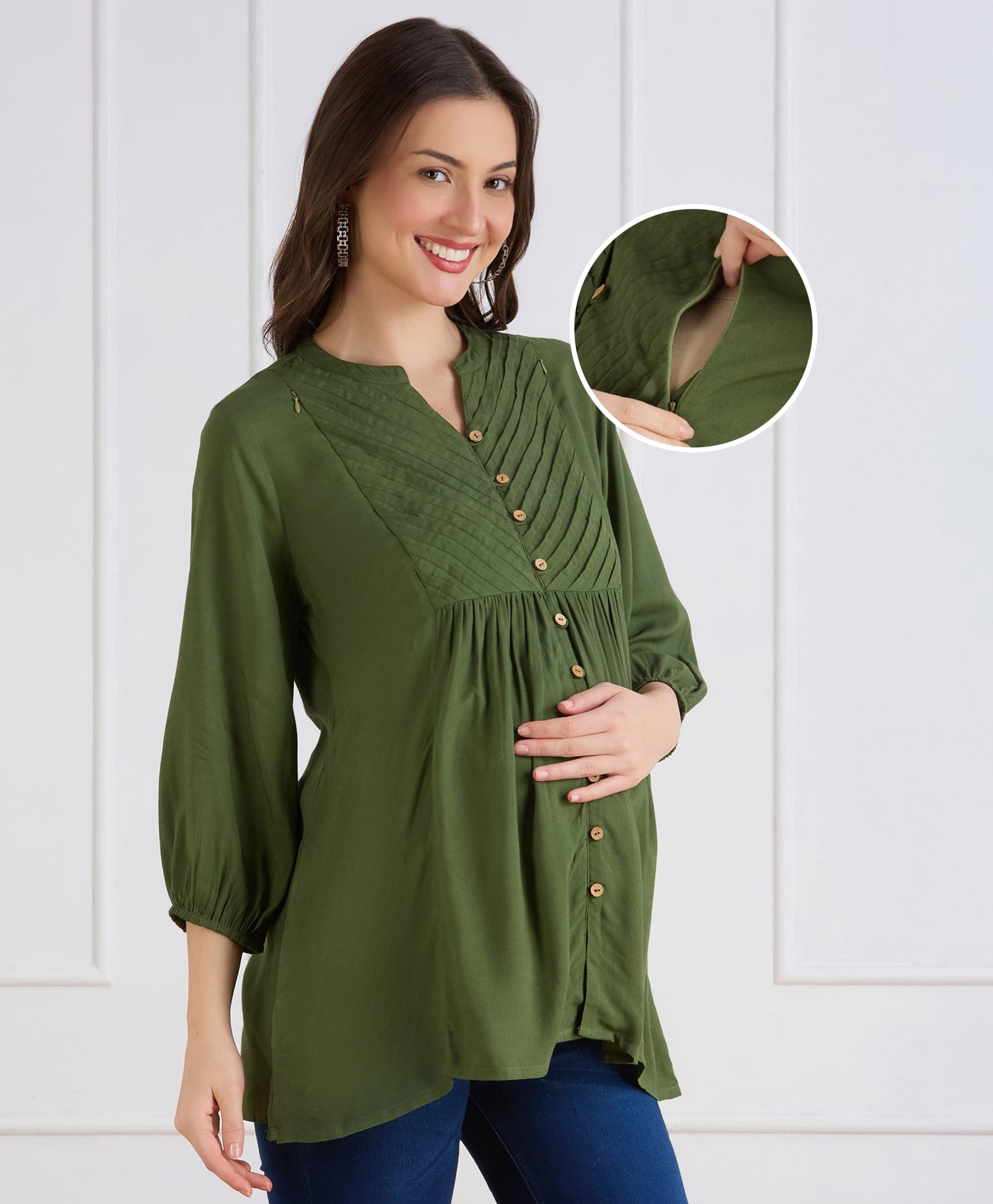 Bella Mama Woven Three Fourth Sleeves Solid Color Maternity Top - Olive Green