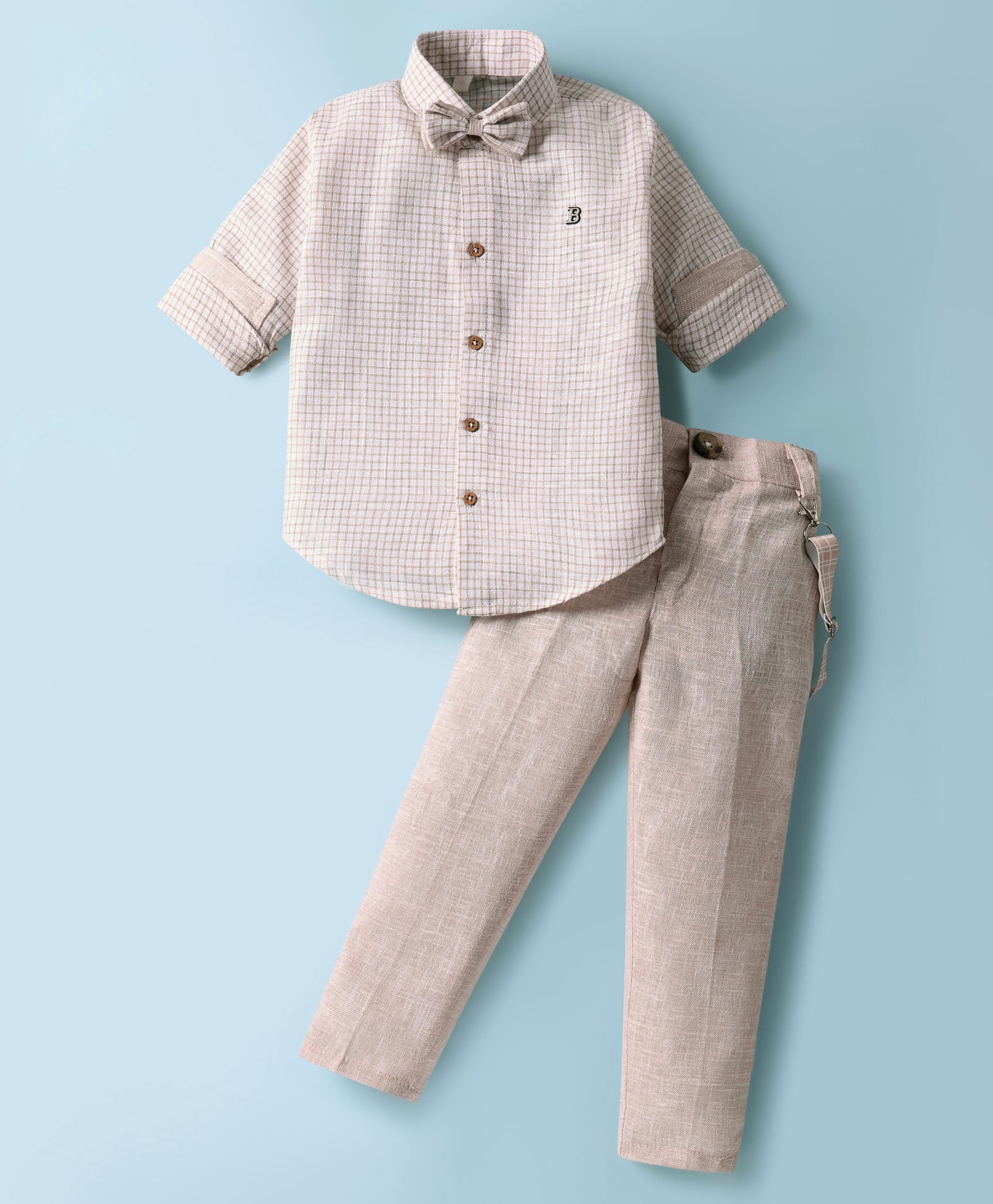 Rikidoos Cotton Woven Full Sleeves Checked Shirt & Trousers With Bow & Suspender Set - White & Beige-picture-30