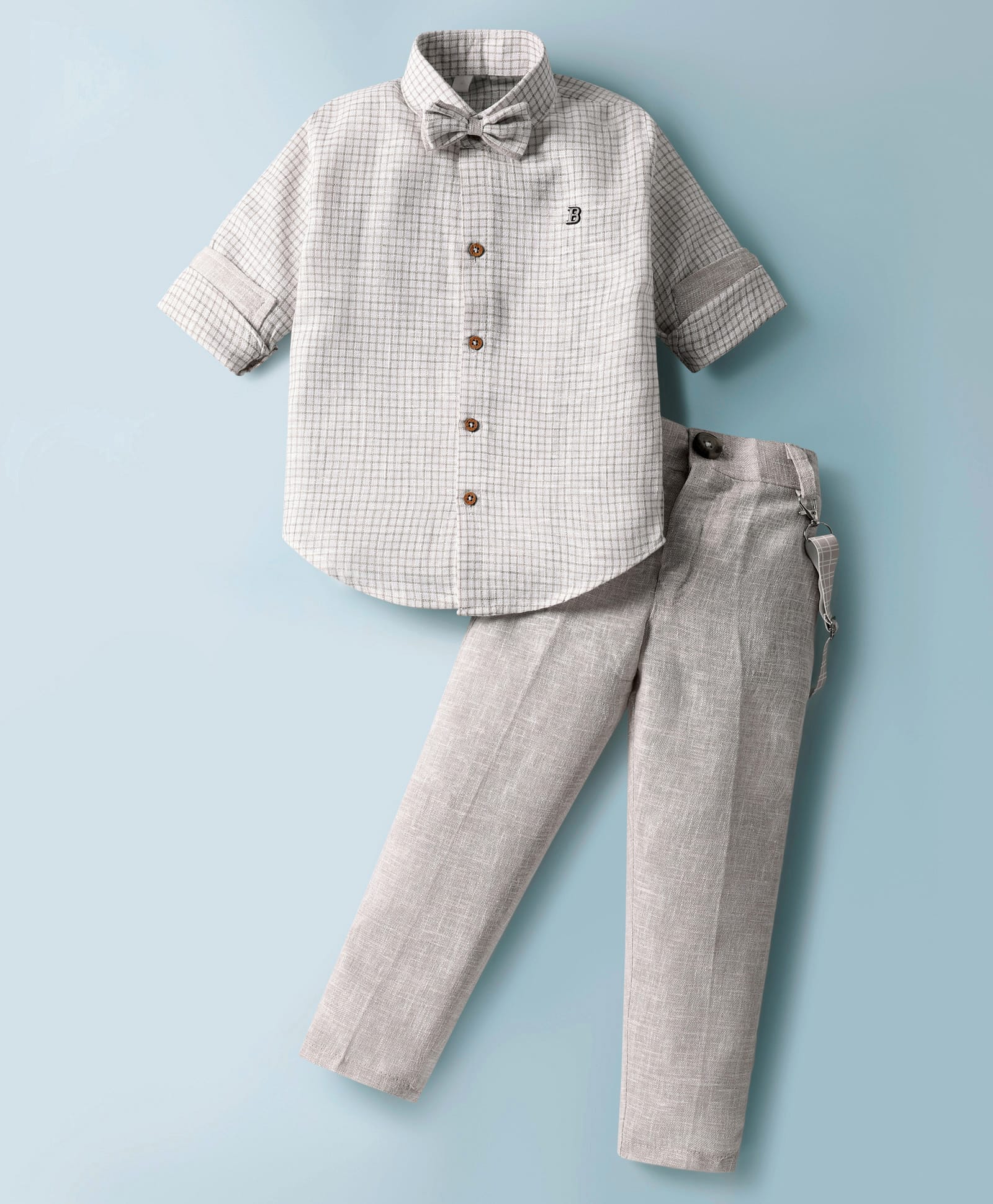 Rikidoos Cotton Woven Full Sleeves Checked Shirt & Trousers With Bow & Suspender Set - White & Light Grey-picture-34
