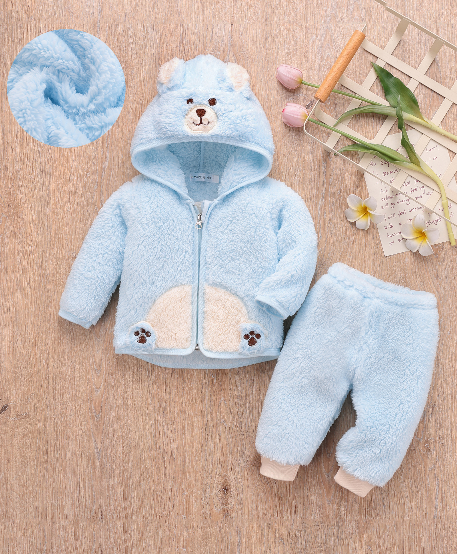 Mark & Mia Full Sleeves Winter Wear Hooded Night Suit With Bear Face Applique - Light Blue-image-33