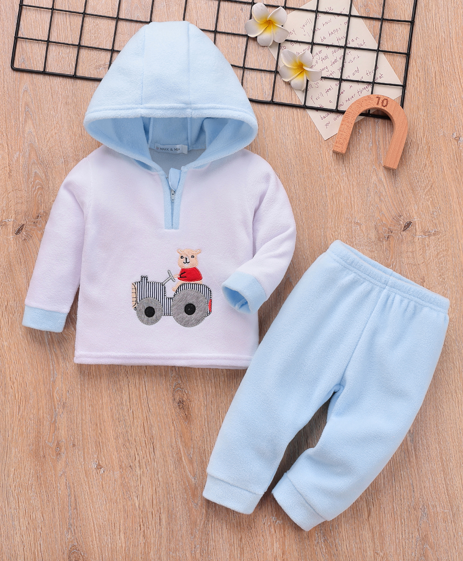 Mark & Mia Full Sleeves Winter Wear Hooded Night Suit With Animal Embroidery - Light Blue-image-29