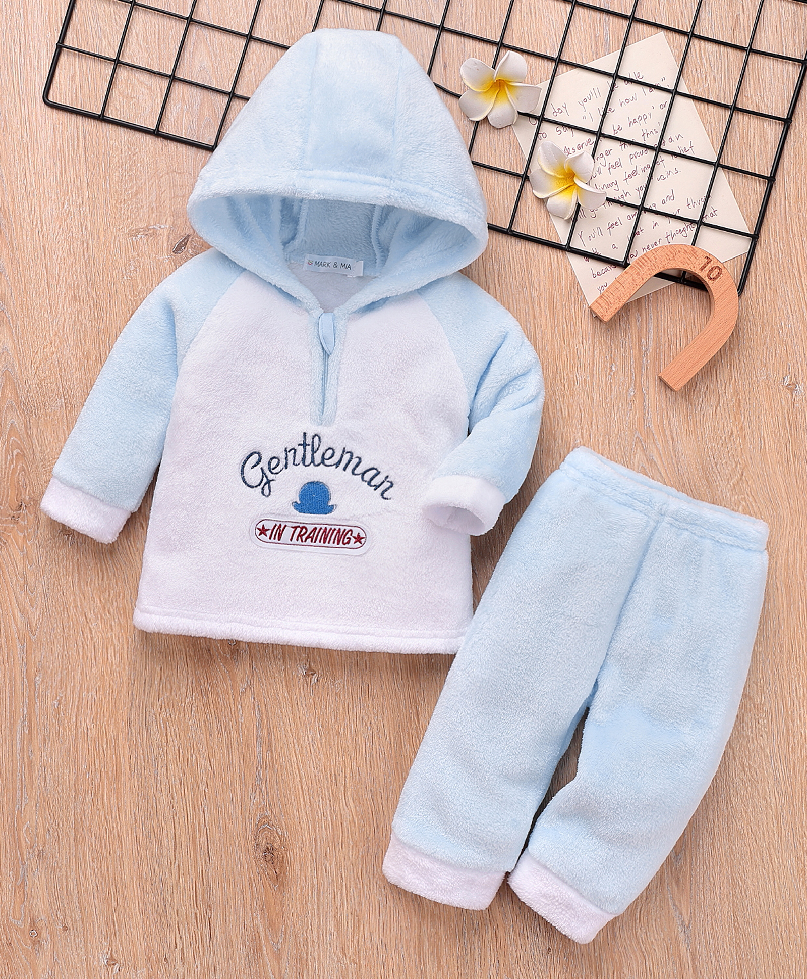 Mark & Mia Full Raglan Sleeves Winter Wear Hooded Night Suit With Text Embroidery - Light Blue-image-36