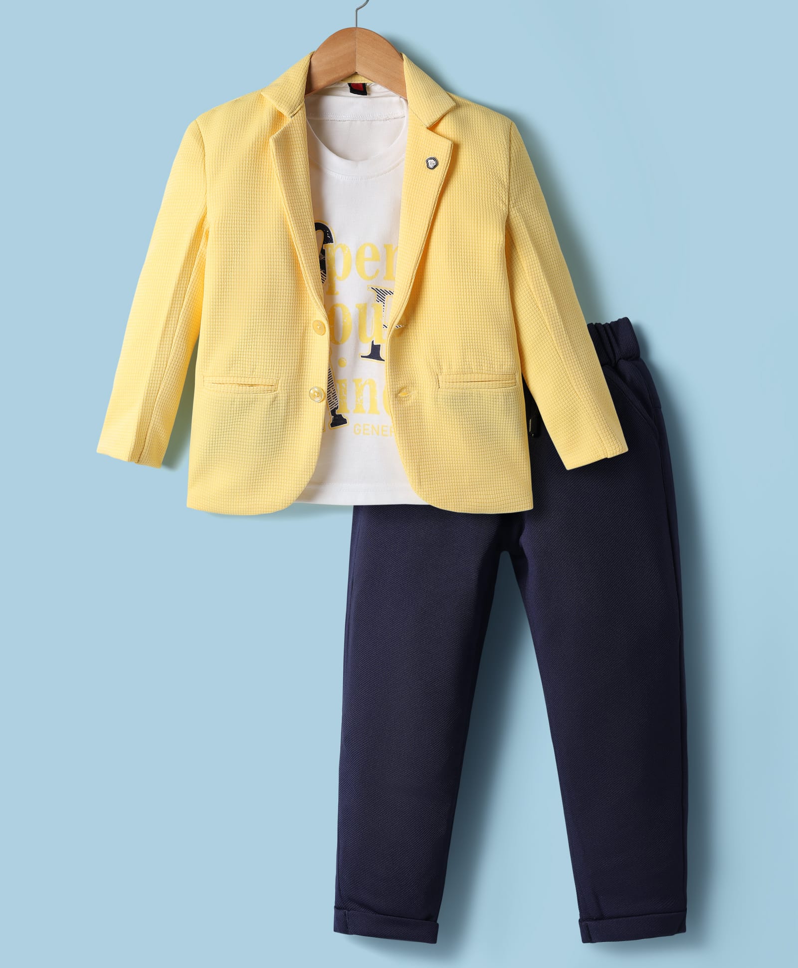 Rikidoos Open Your Mind Text Printed Tee & Pant With Full Sleeves Textured Blazer Set - Yellow & Navy Blue-picture-49