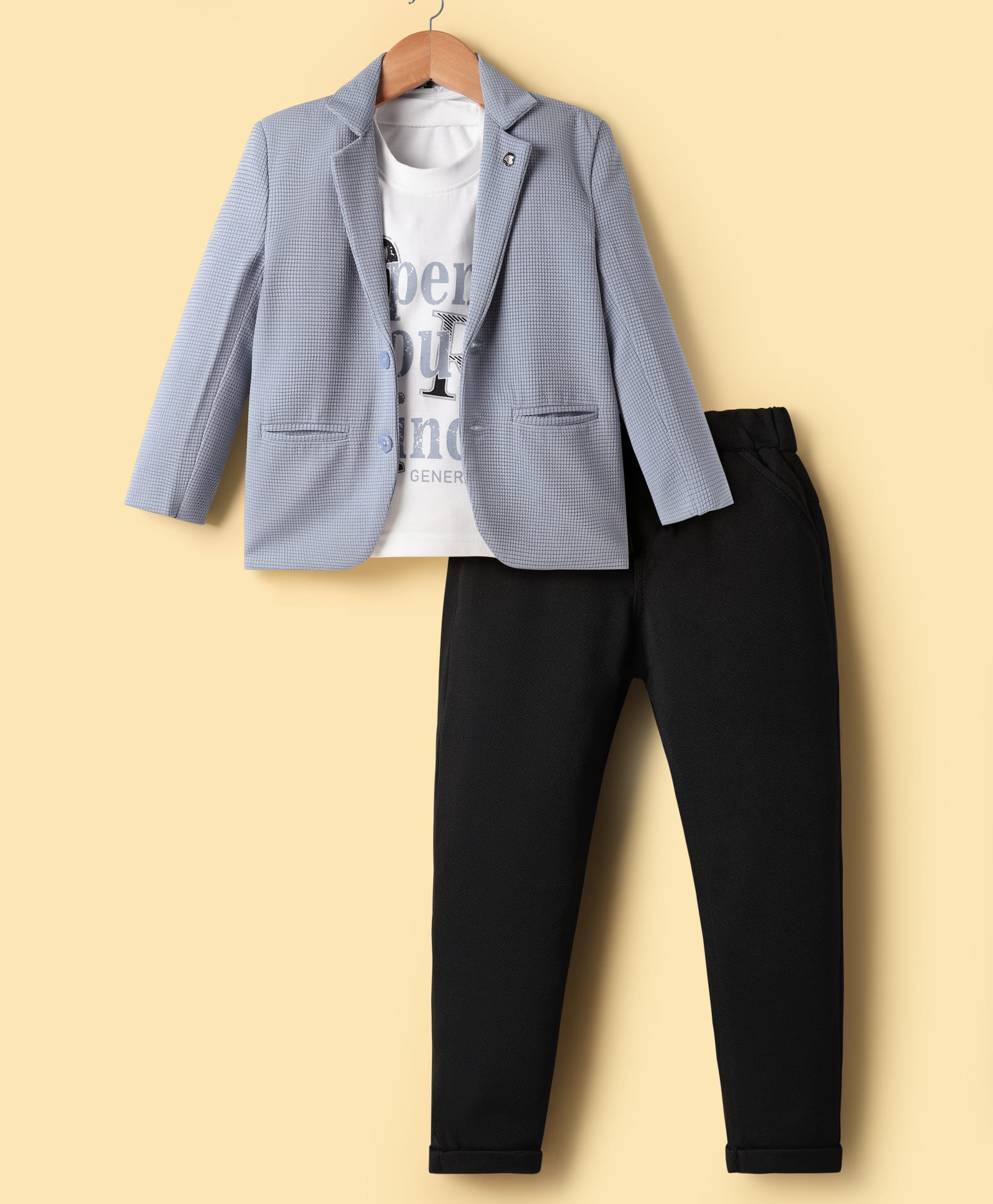 Rikidoos Open Your Mind Text Printed Tee & Pant With Full Sleeves Textured Blazer Set - Grey & Black-picture-32