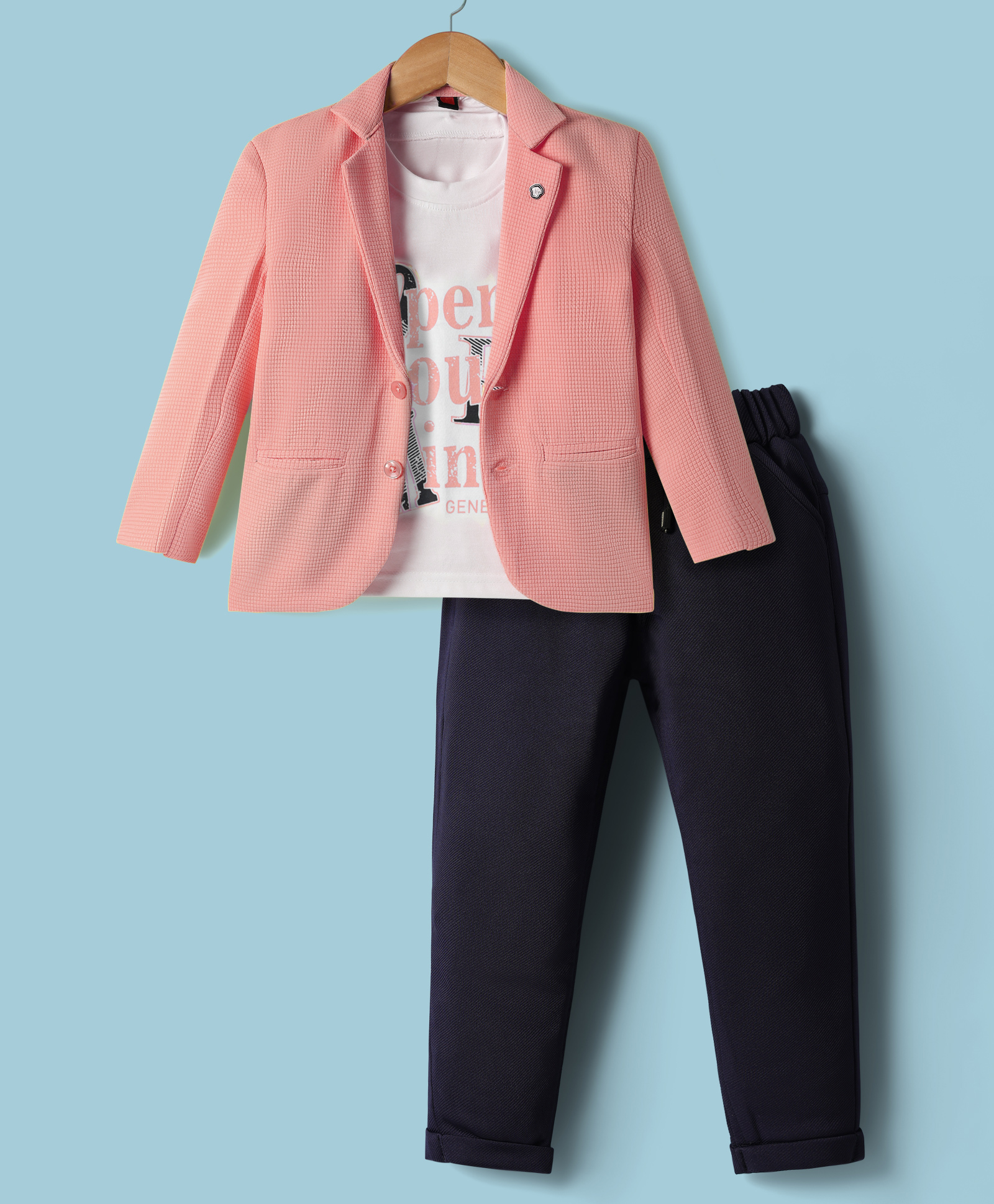 Rikidoos Open Your Mind Text Printed Tee & Pant With Full Sleeves Textured Blazer Set - Pink & Dark Grey-picture-24
