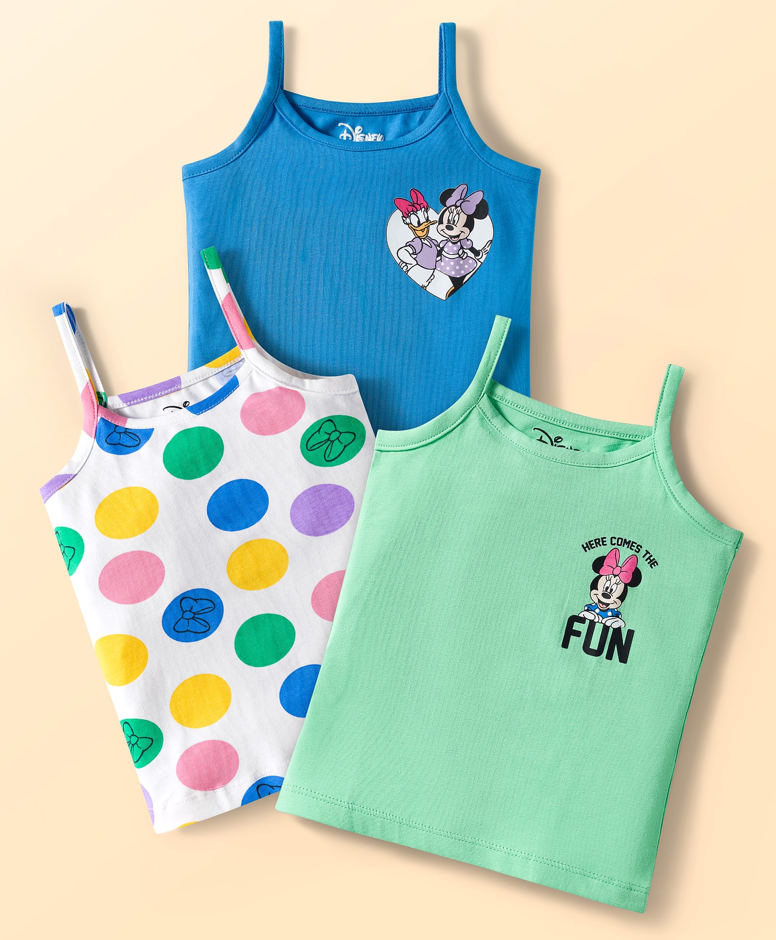 Babyhug Disney Knit Sleeveless Slips with With Minnie Mouse Graphics Pack of 3 - Light Green & Blue-image-5