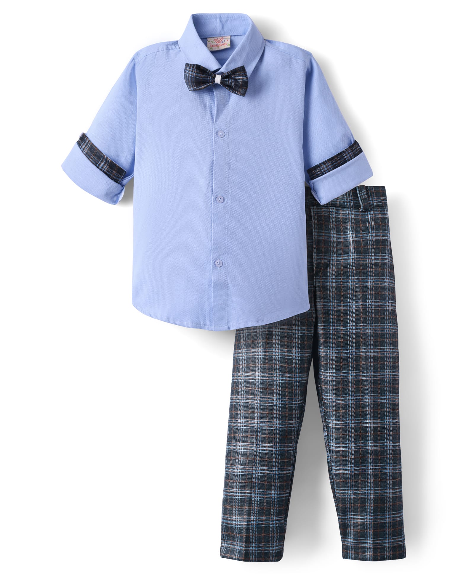Rikidoos Full Sleeves Solid Shirt & Checked Pant With Bow Set - Sky & Navy Blue-picture-21