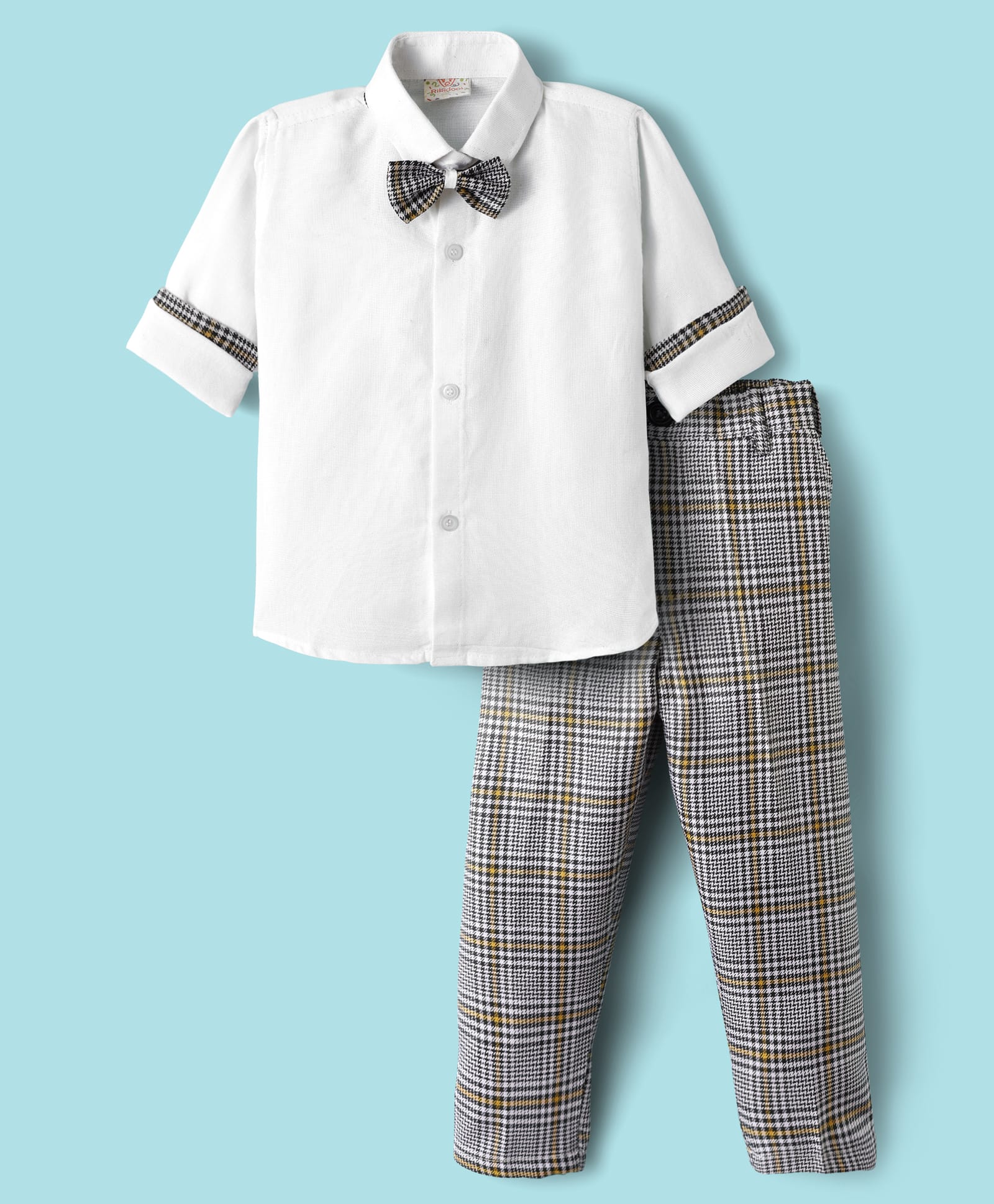 Rikidoos Full Sleeves Solid Shirt & Checked Pant With Bow Set - White & Black-picture-22