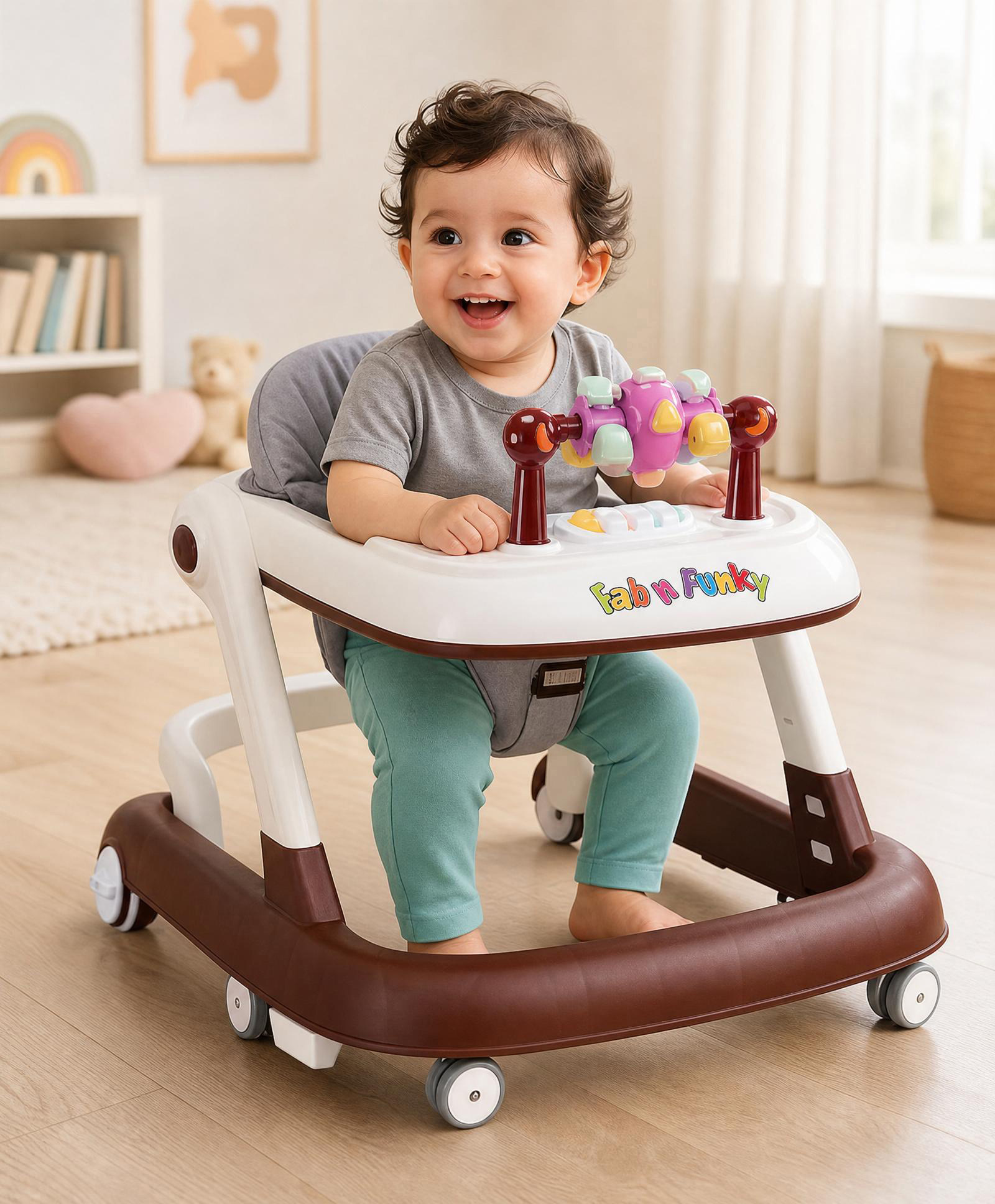 fab n funky 2 in 1 Walker with Height Adjustment & Detachable Toy Bar - Brown|Lights & Music| Anti-trip Design| Mute Swivel Wheels| Push Walker| Toy for Boys & Girls of 6 to 24 months| Activity Gift-picture-20