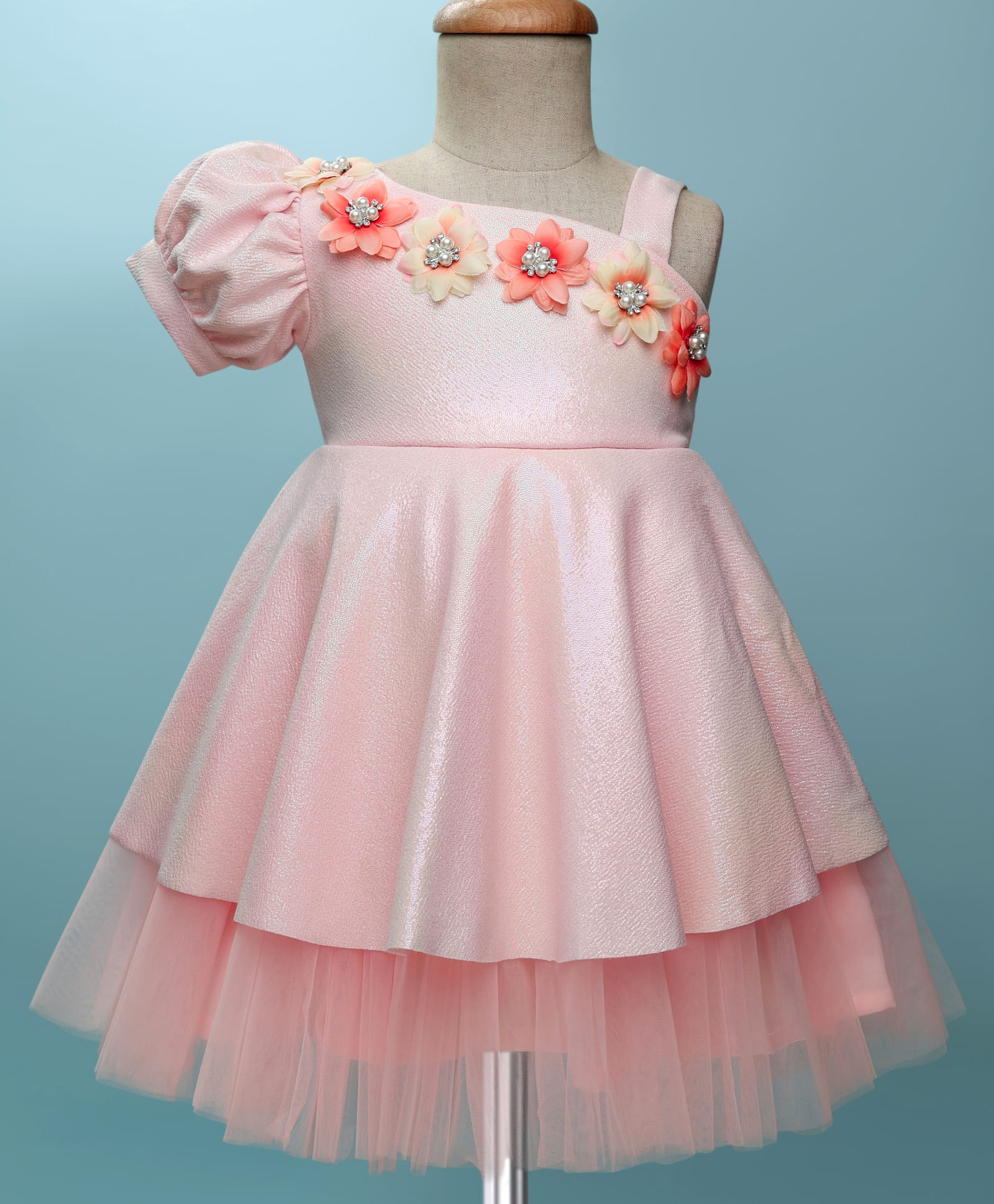 Bluebell Net Woven Asymmetrical Puffed Sleeves Party Dress with Floral Applique - Peach-image-23