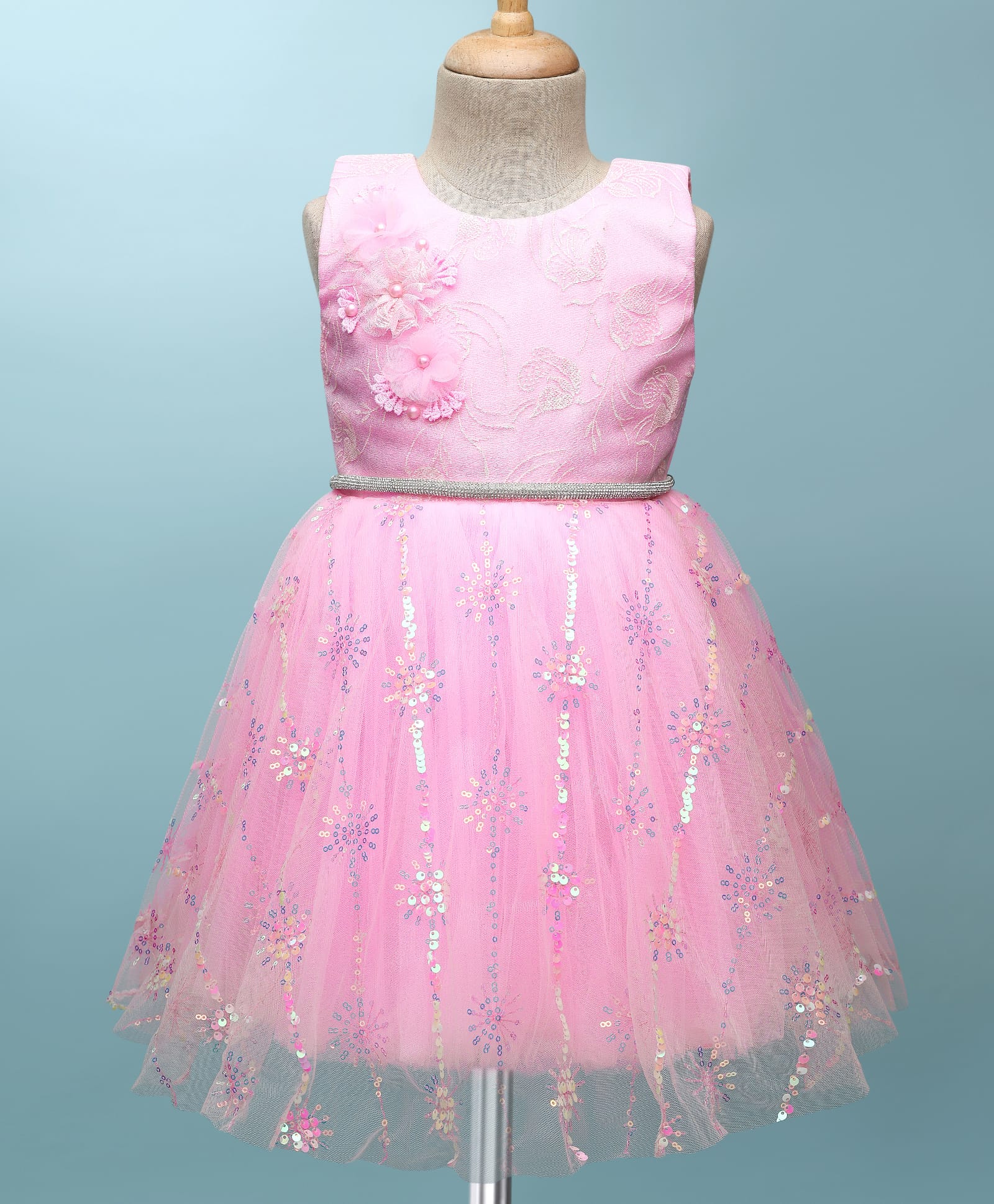 Bluebell Net Woven Sleeveless Party Dress with Embroidery Floral Applique & Sequin - Pink-image-36