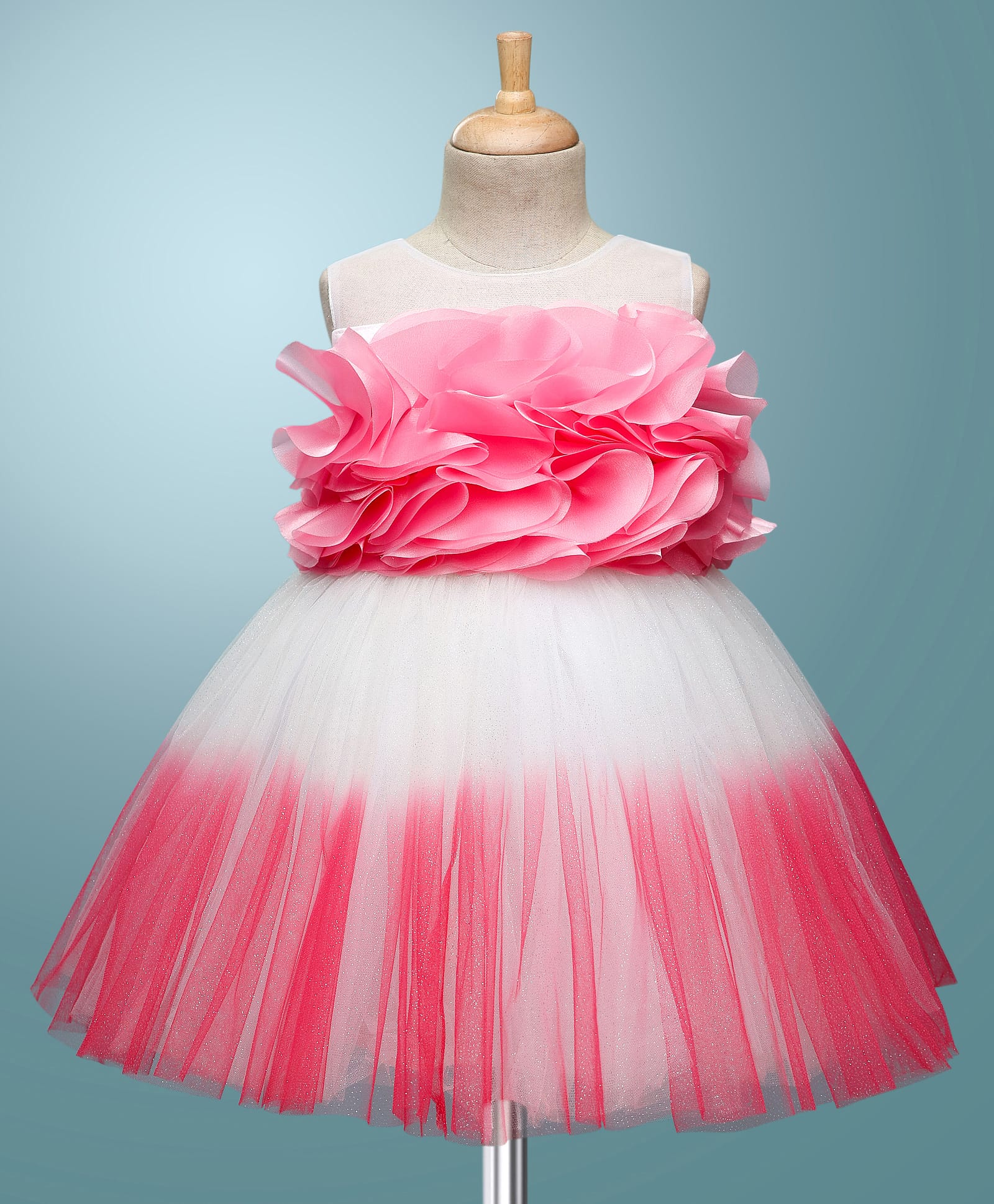 Bluebell Net Woven Sleeveless Party Dress with Applique & Ombre Print - White & Carrot Pink-image-36