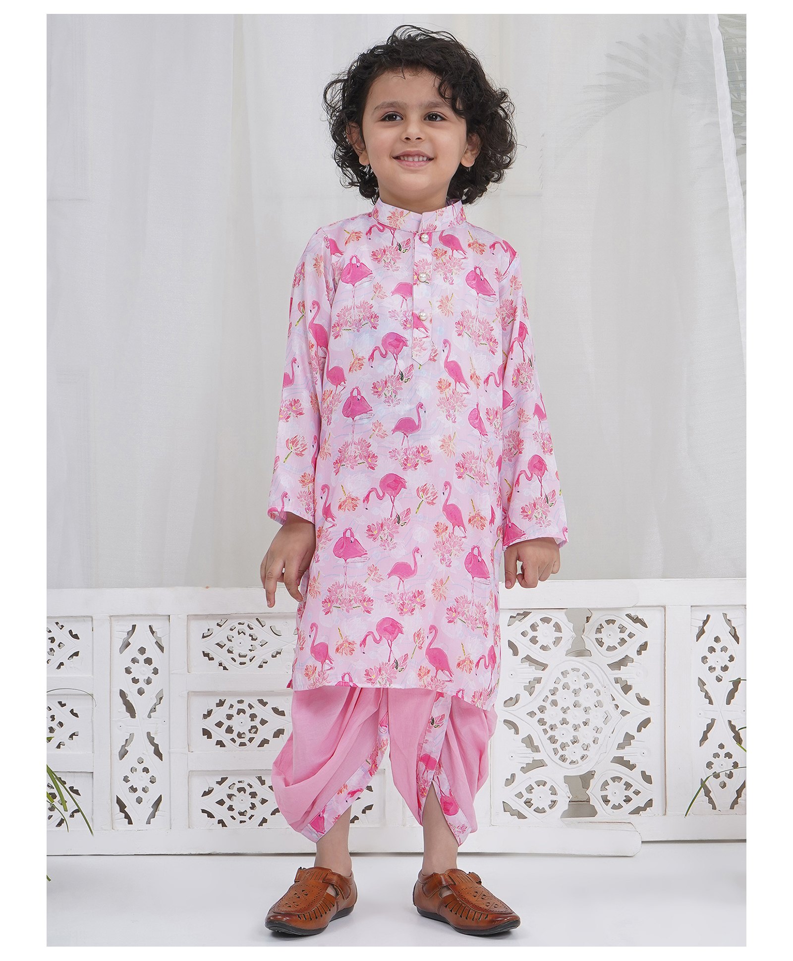 Little Bansi Muslin Woven Full Sleeves Floral & Flamingo Printed Kurta Dhoti Set - Pink-picture-48