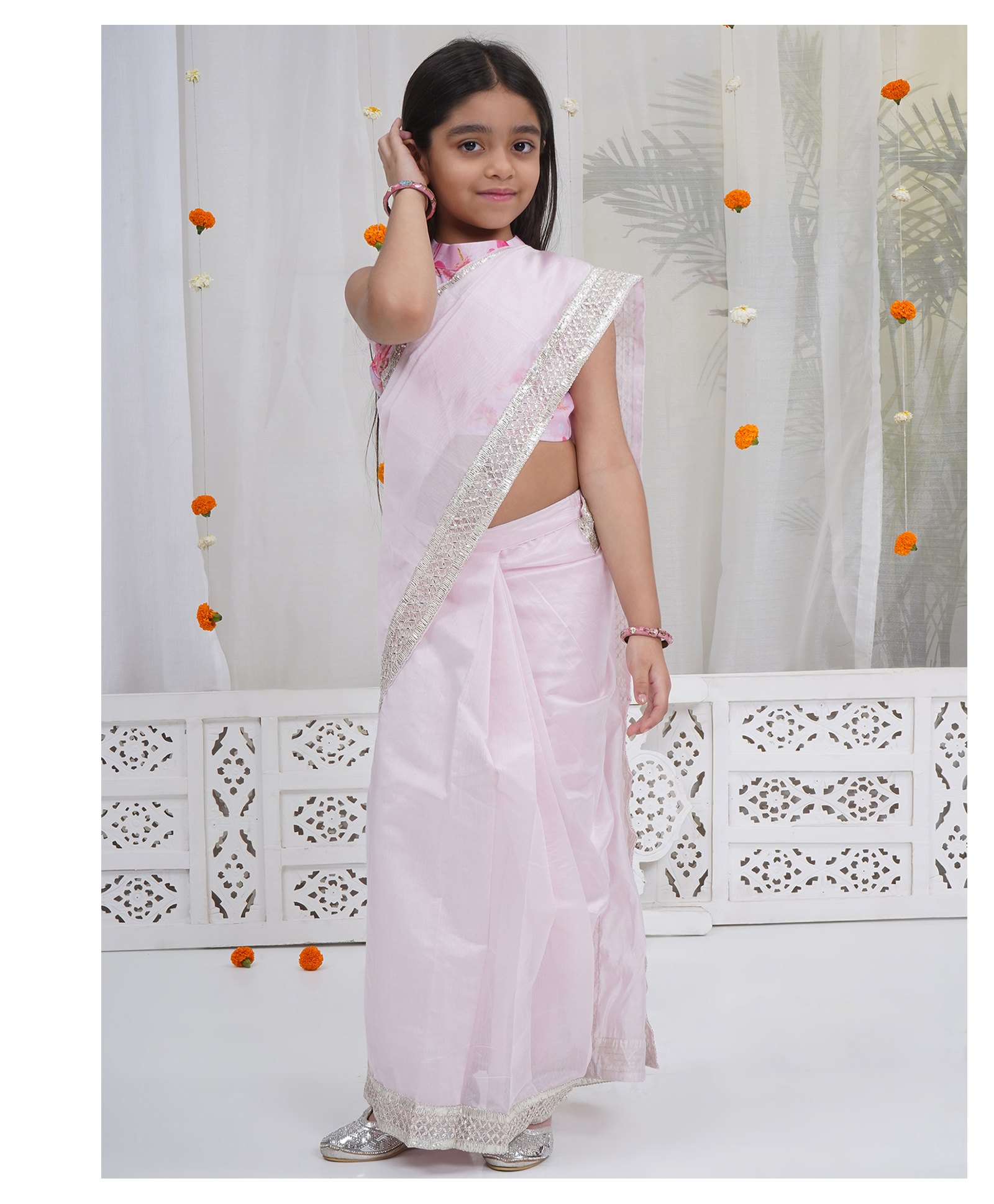 Little Bansi Muslin Woven Gota Lace Embellished Wrap Around Saree With Sleeveless Flamingo Printed Blouse - Baby Pink-picture-22