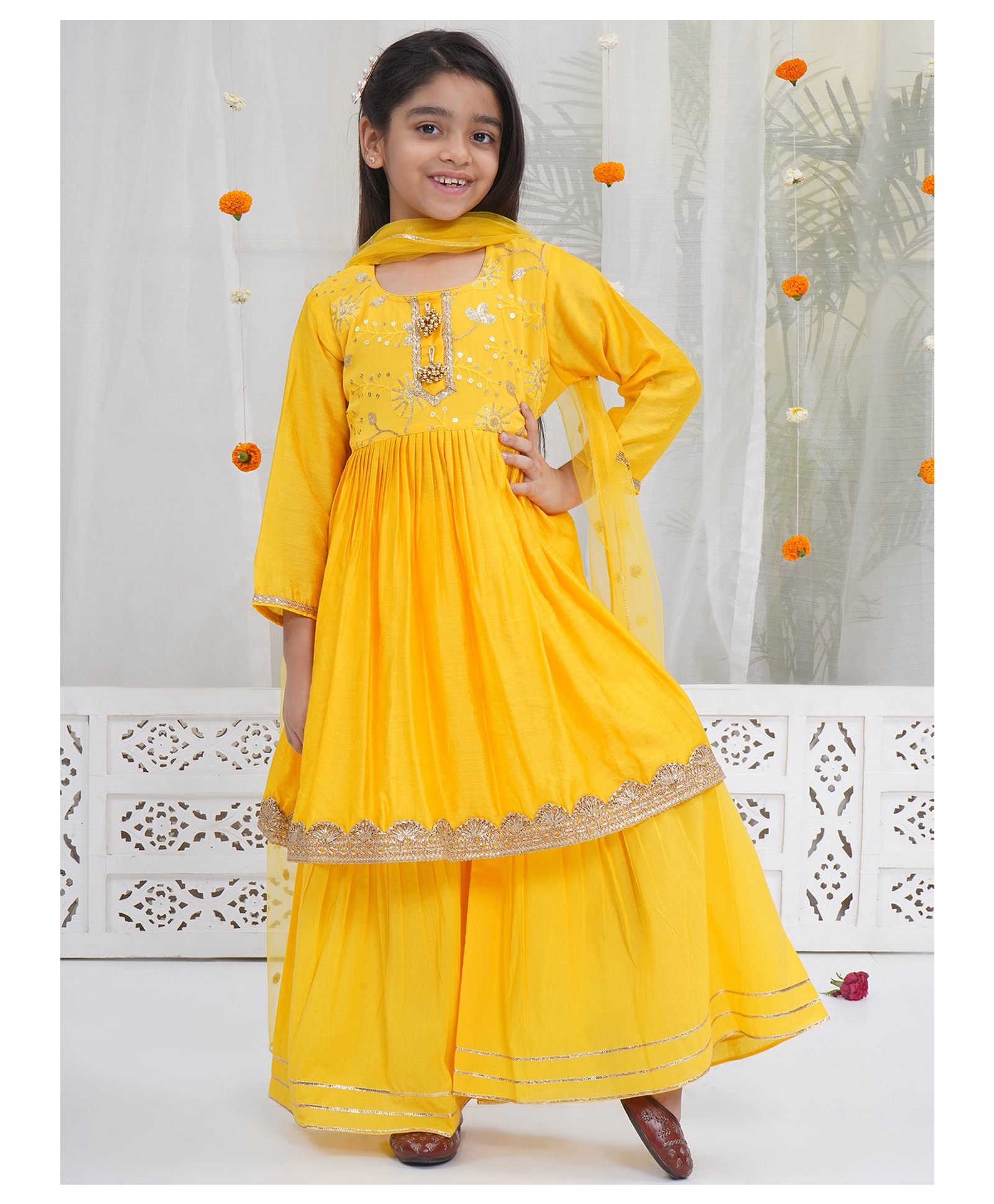 Little Bansi Silk Woven Three Fourth Sleeves Sequins Embellished Floral Designed Kurti Sharara With Dupatta Set - Haldi Yellow-picture-5