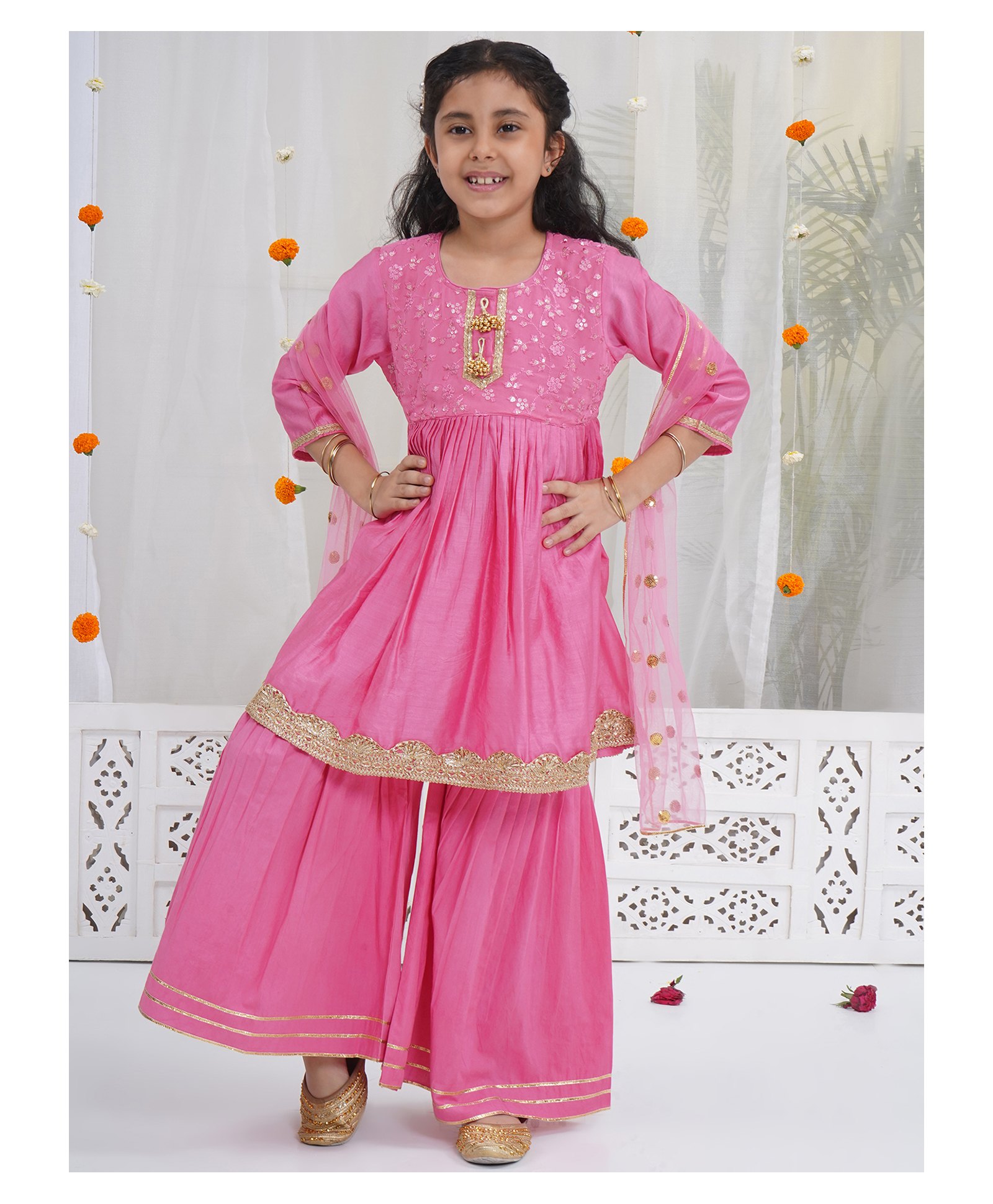 Little Bansi Silk Woven Three Fourth Sleeves Sequins Embellished Floral Designed Kurti Sharara With Dupatta Set - Cranberry Pink-image-37