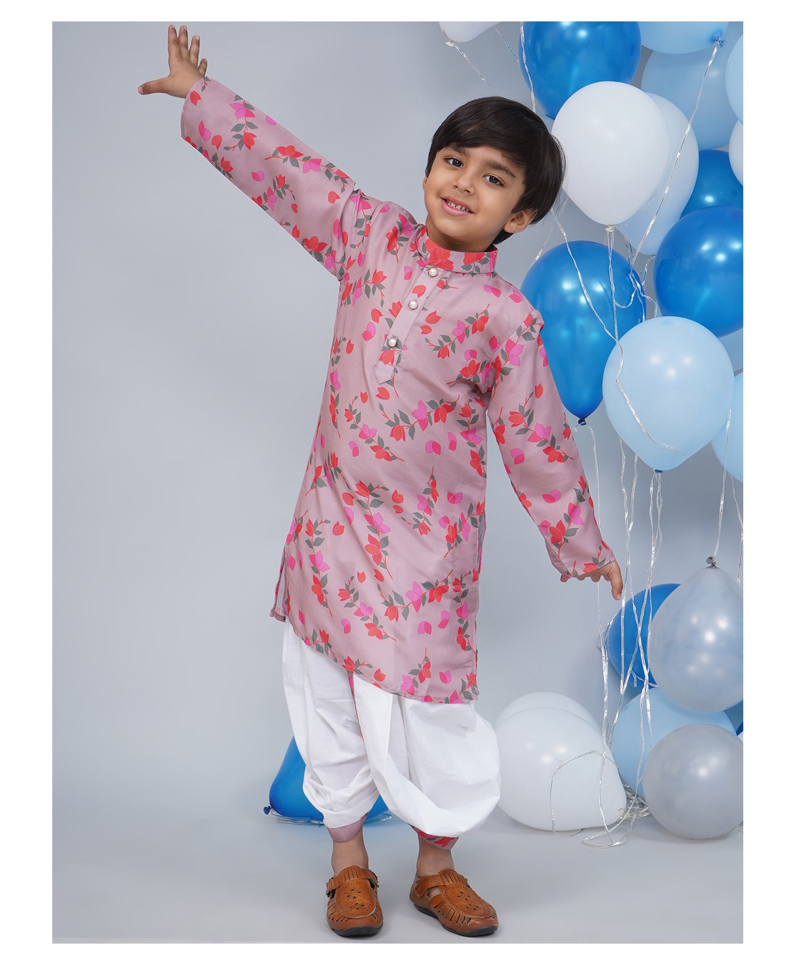 Little Bansi Muslin Woven Full Sleeves Leaves Printed Kurta Dhoti - Dusky Rose-picture-25