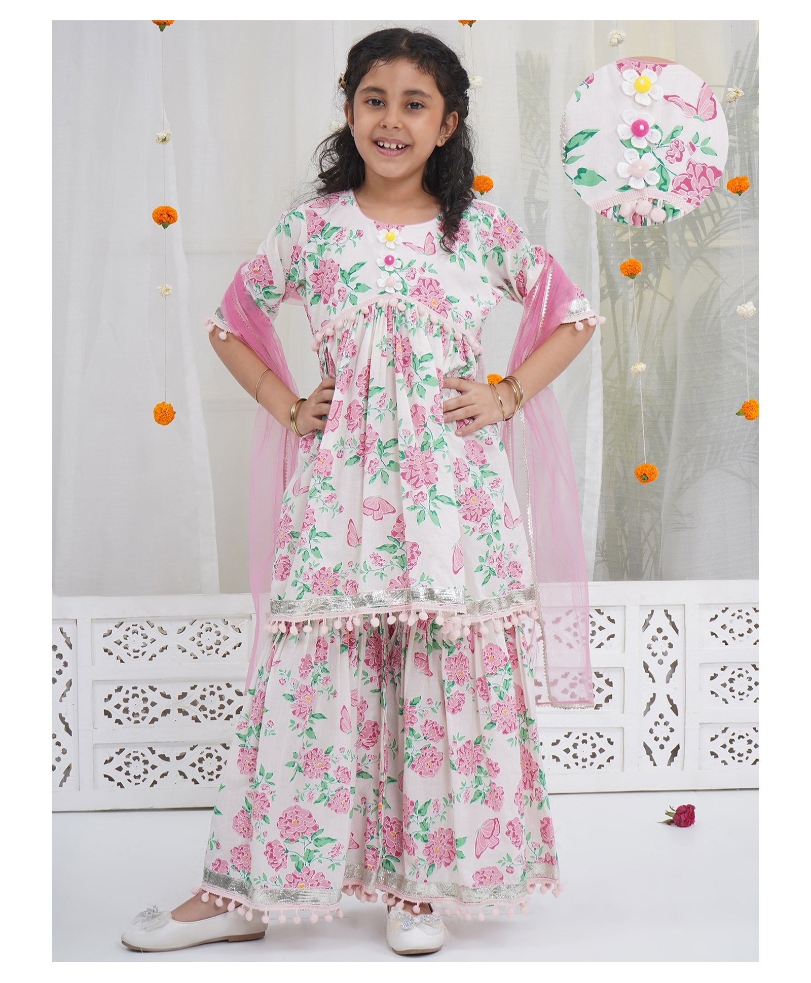 Little Bansi Cotton Woven Half Sleeves Floral Printed & Applique Detailed Gota Lace Embellished Kurti Sharara With Dupatta Set - Light Pink-picture-32