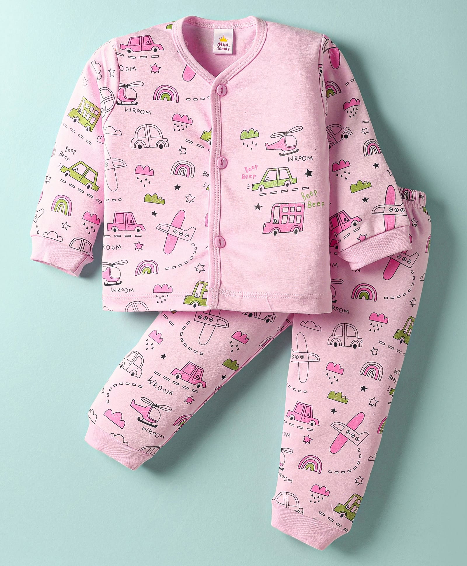 Mini Donuts Sinker Knit Full Sleeves Co-ord Night Suit with Vehicle Print - Light Pink-image-45