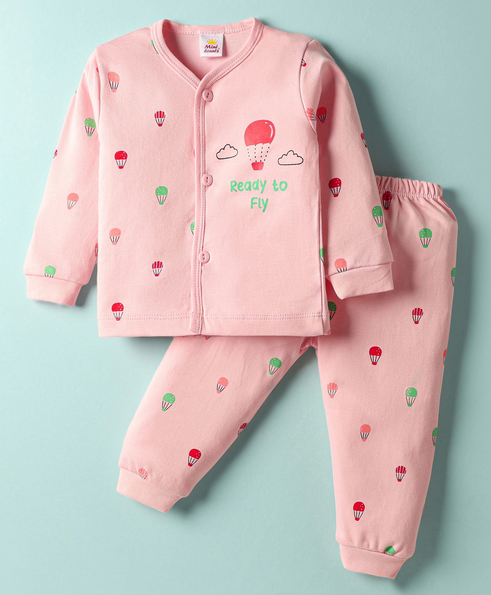 Mini Donuts Sinker Knit Full Sleeves Co-ord Night Suit with Hot Air Balloon Print - Peach-image-31