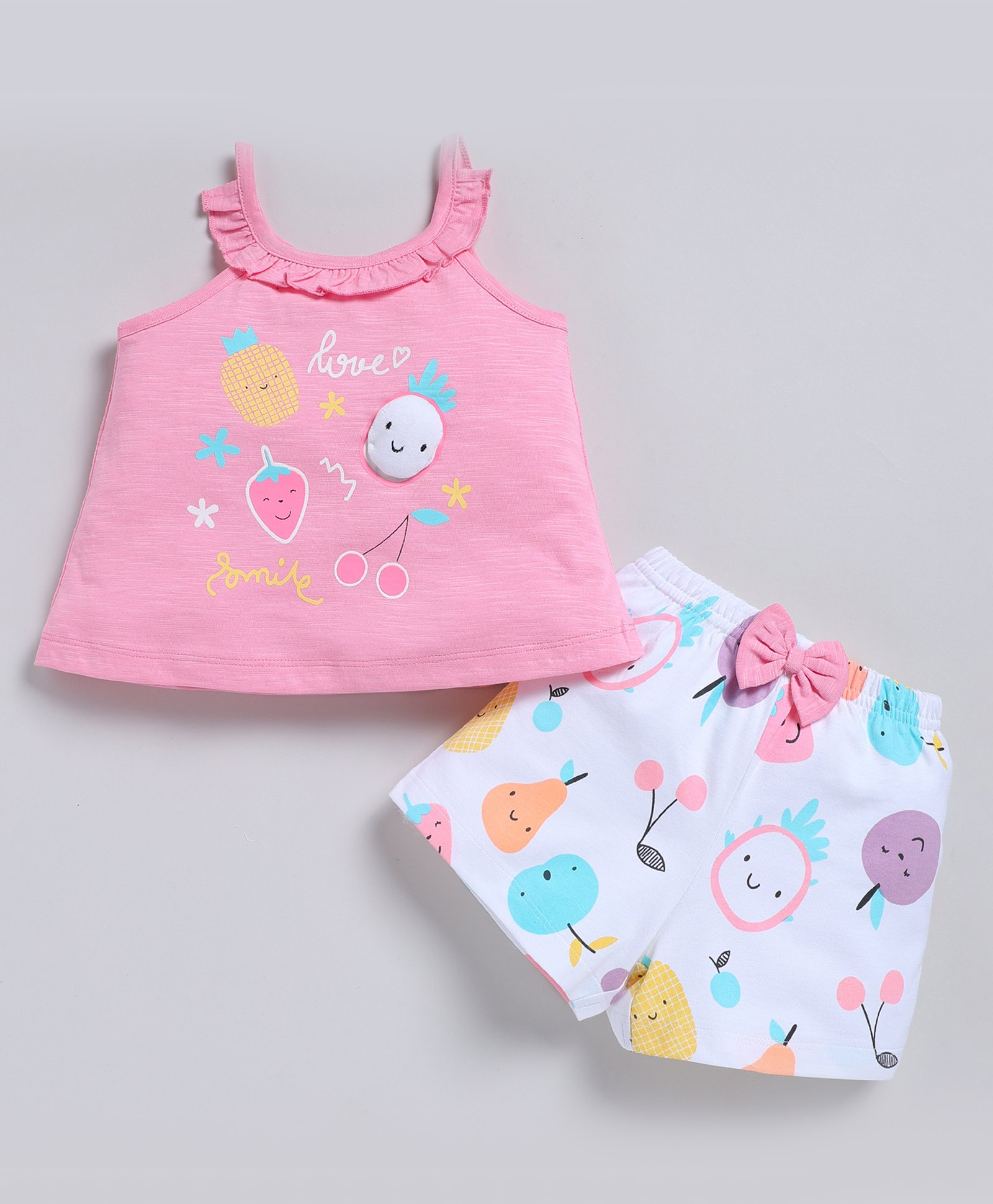 Snuggly MONKEY Cotton Jersey Knit Sleeveless Fruits Printed Coordinating Top & Shorts Set - Light Pink