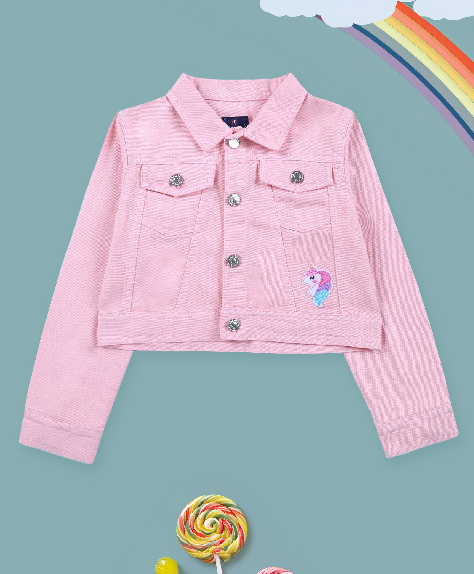 Kiddopanti Denim Woven Full Sleeves Unicorn Patch Embroidered & Sequins Embellished Crop Jacket - Pink-picture-27