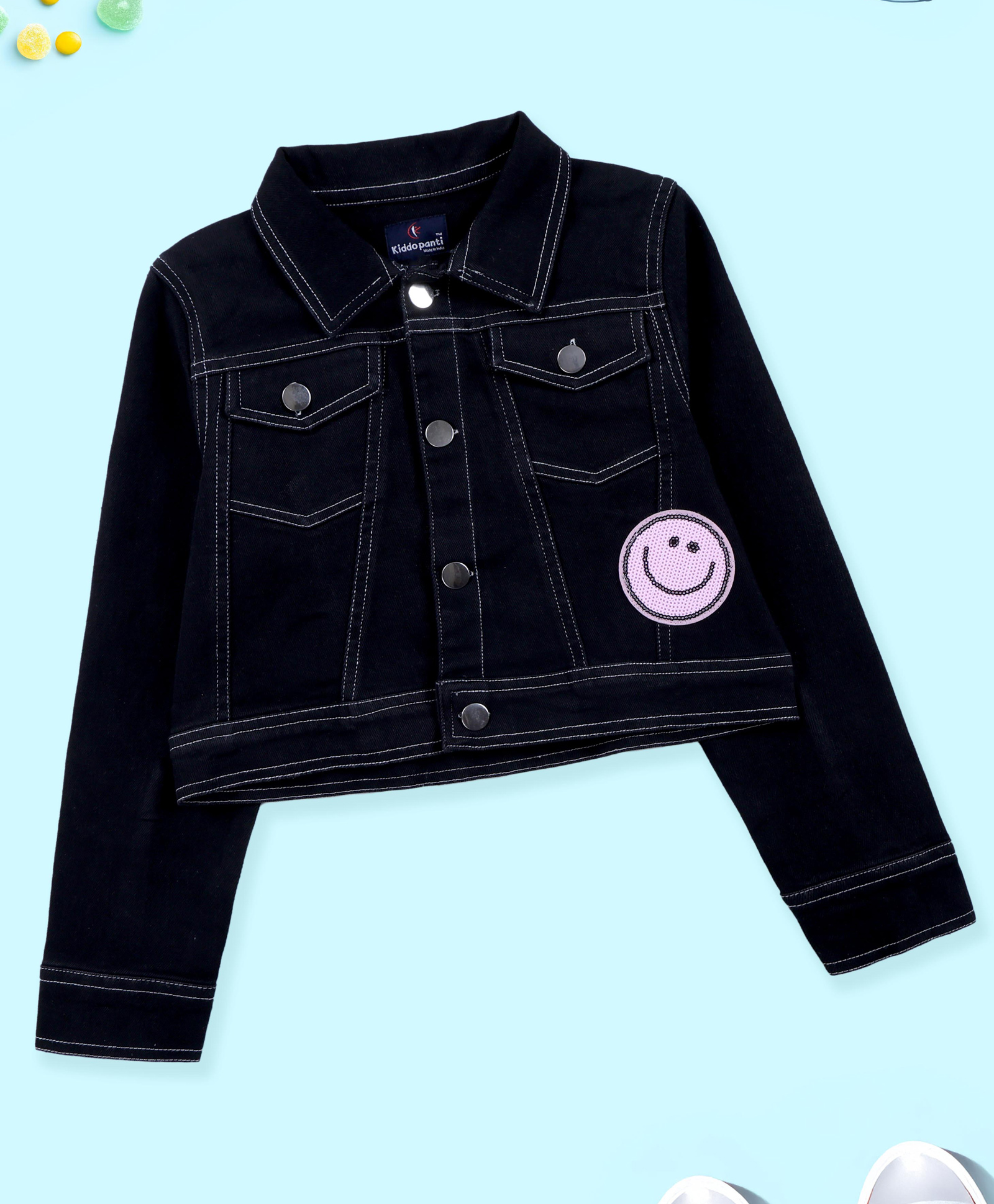 Kiddopanti Denim Woven Full Sleeves Smiley Patch Embroidered & Sequins Embellished Crop Jacket - Black-picture-16