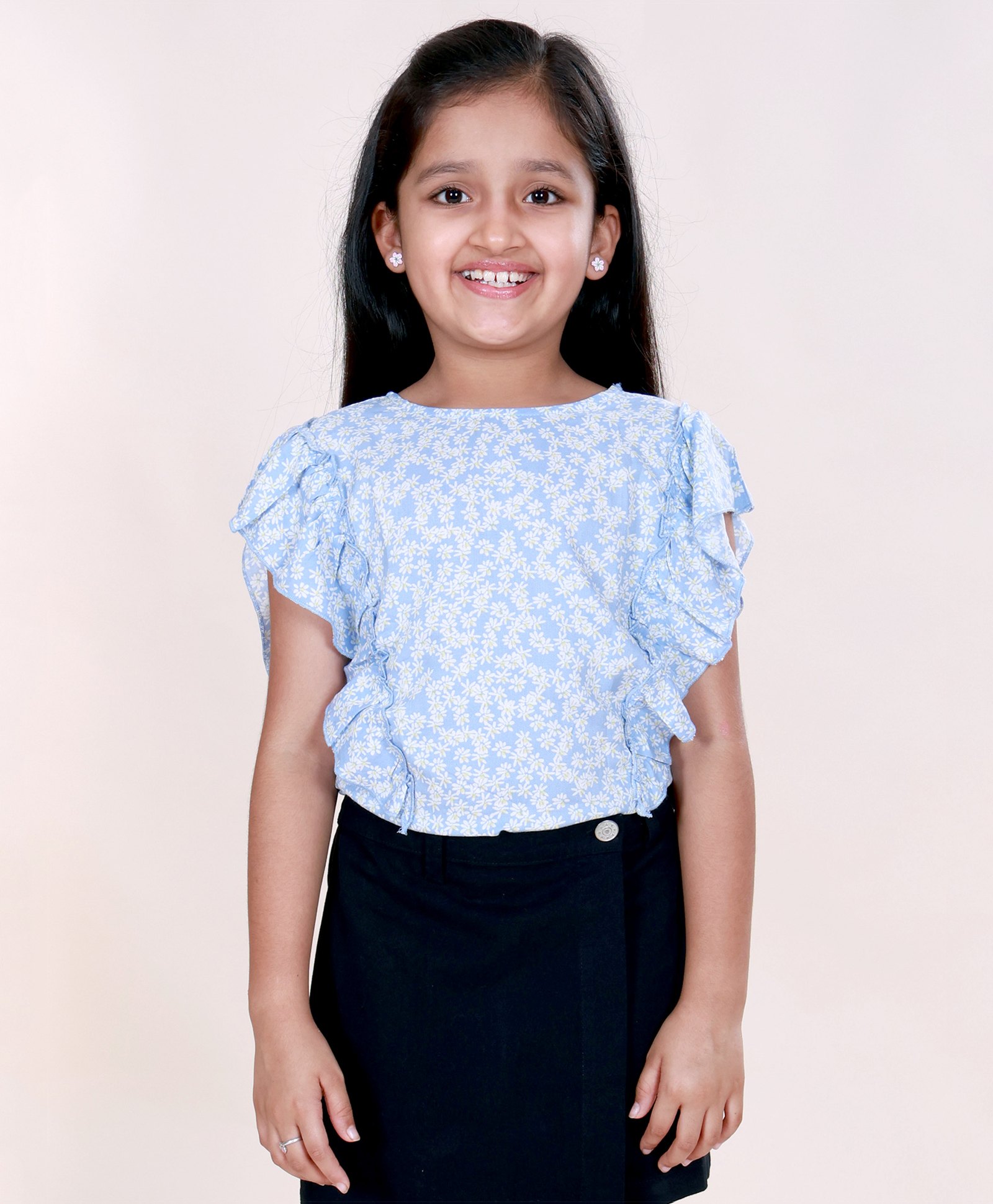 Kiddopanti Rayon Woven Frill Sleeves Floral Printed Top - Blue-image-19